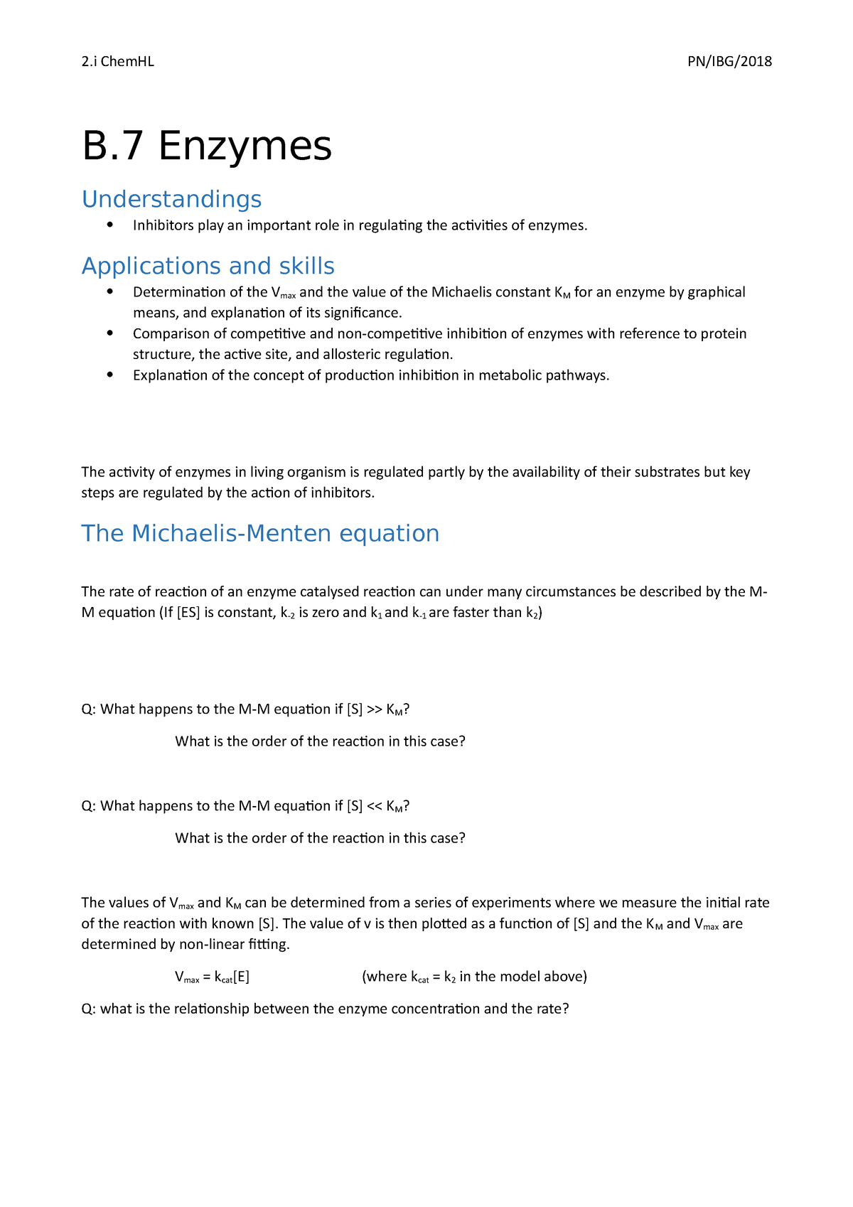 B.7 Enzymes Worksheet - Chemistyr - 2 ChemHL PN/IBG/ B Enzymes ...