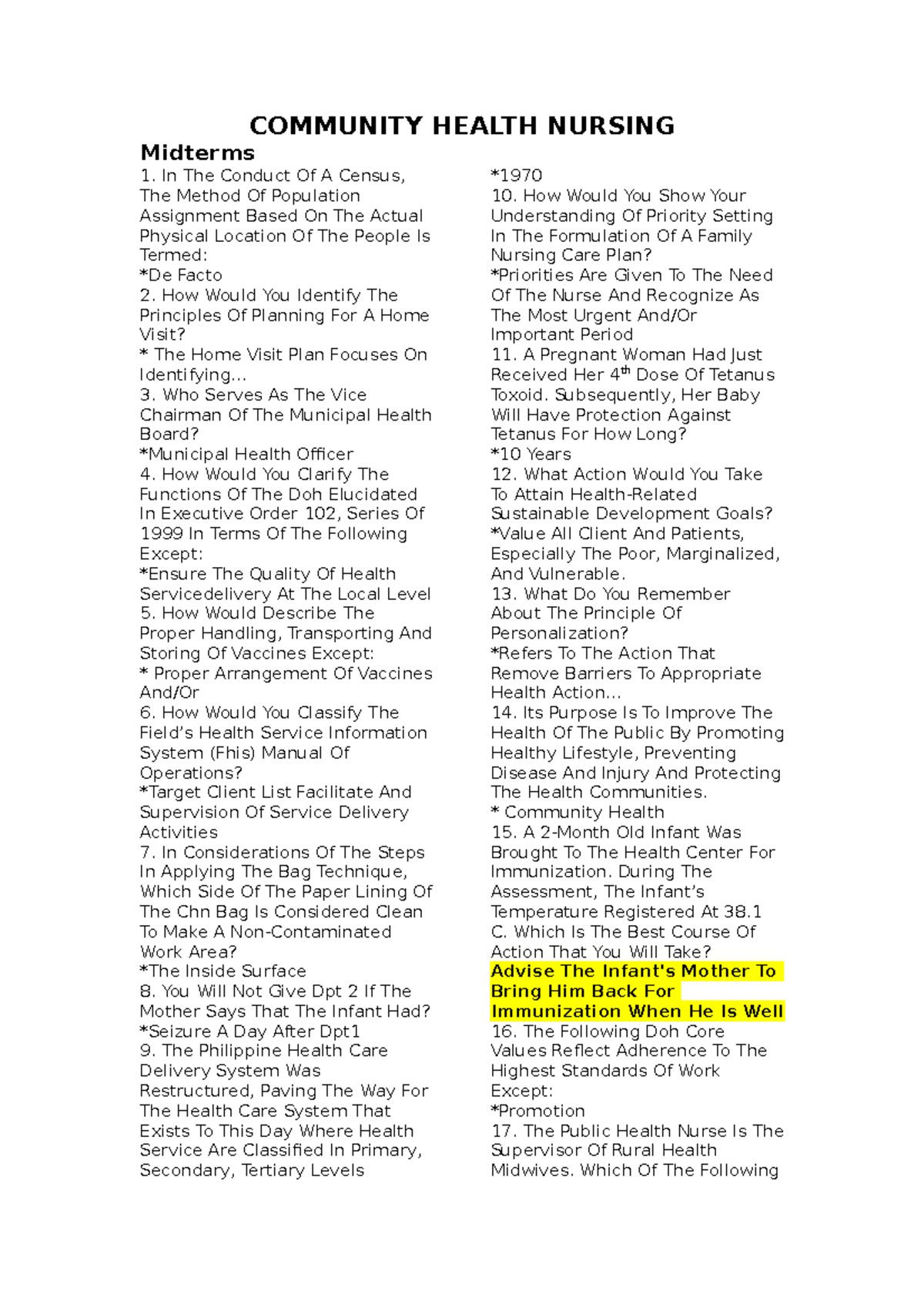 CHN Examination COMMUNITY HEALTH NURSING Midterms In The Conduct Of