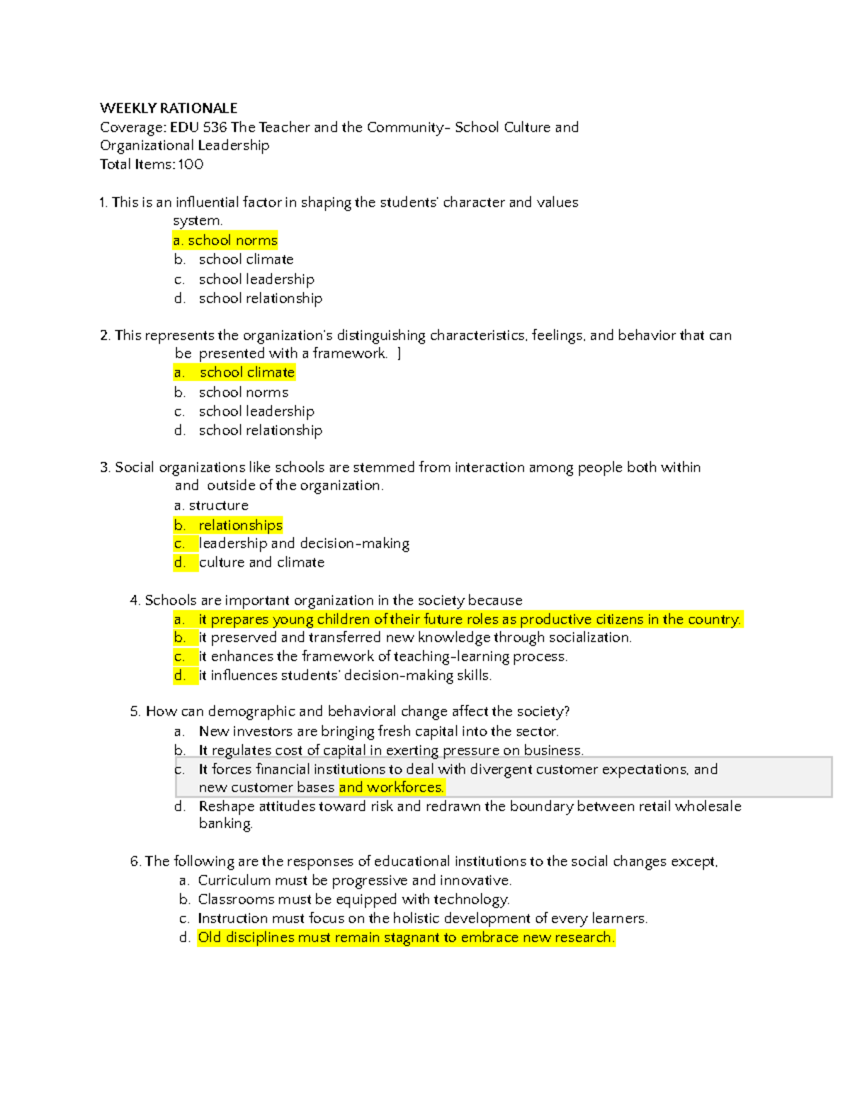 Weekly Rationale EDU536 - WEEKLY RATIONALE Coverage: EDU 536 The ...