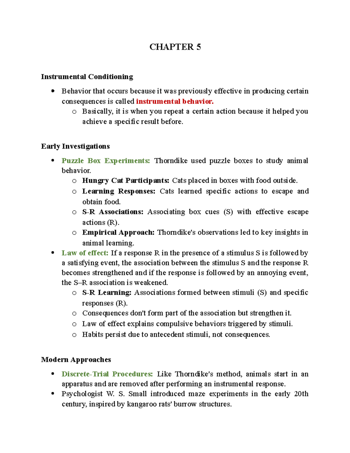 Chapter 5 - NOTES - CHAPTER 5 Instrumental Conditioning Behavior that ...
