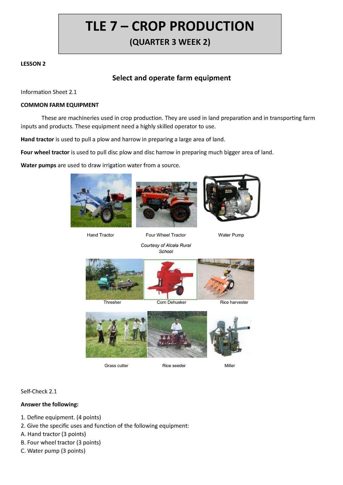 TLE 7 WEEK 2 - tle - LESSON 2 Select and operate farm equipment ...