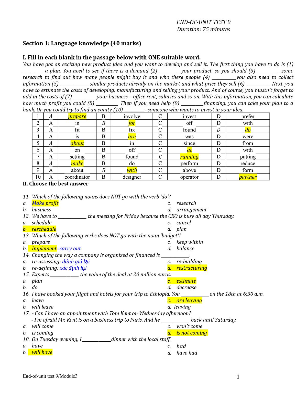 EOU UNIT 9 - đáp án Eou 9 - END-OF-UNIT TEST 9 Duration: 75 Minutes ...