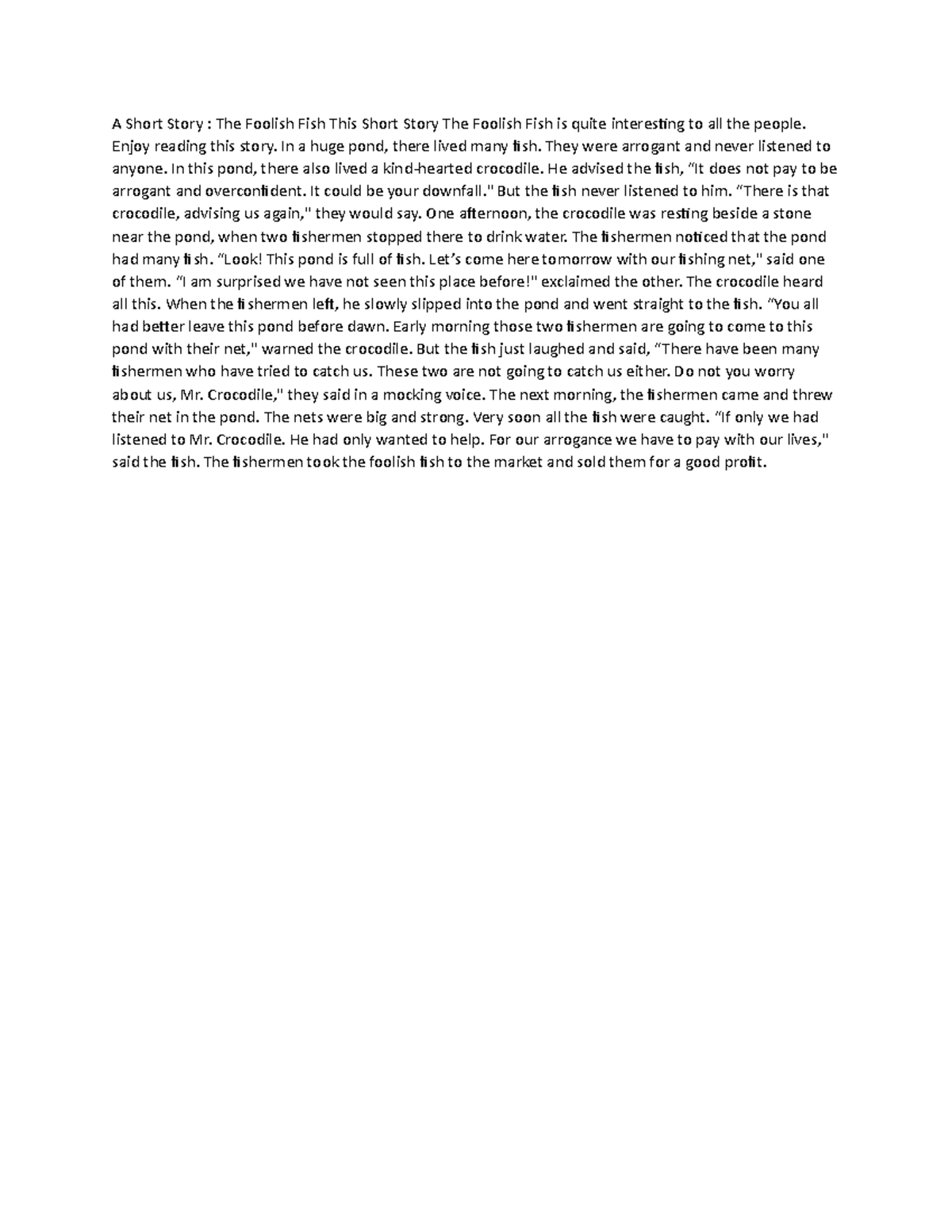 6 Essay Eng 4 - A Short Story : The Foolish Fish This Short Story The ...