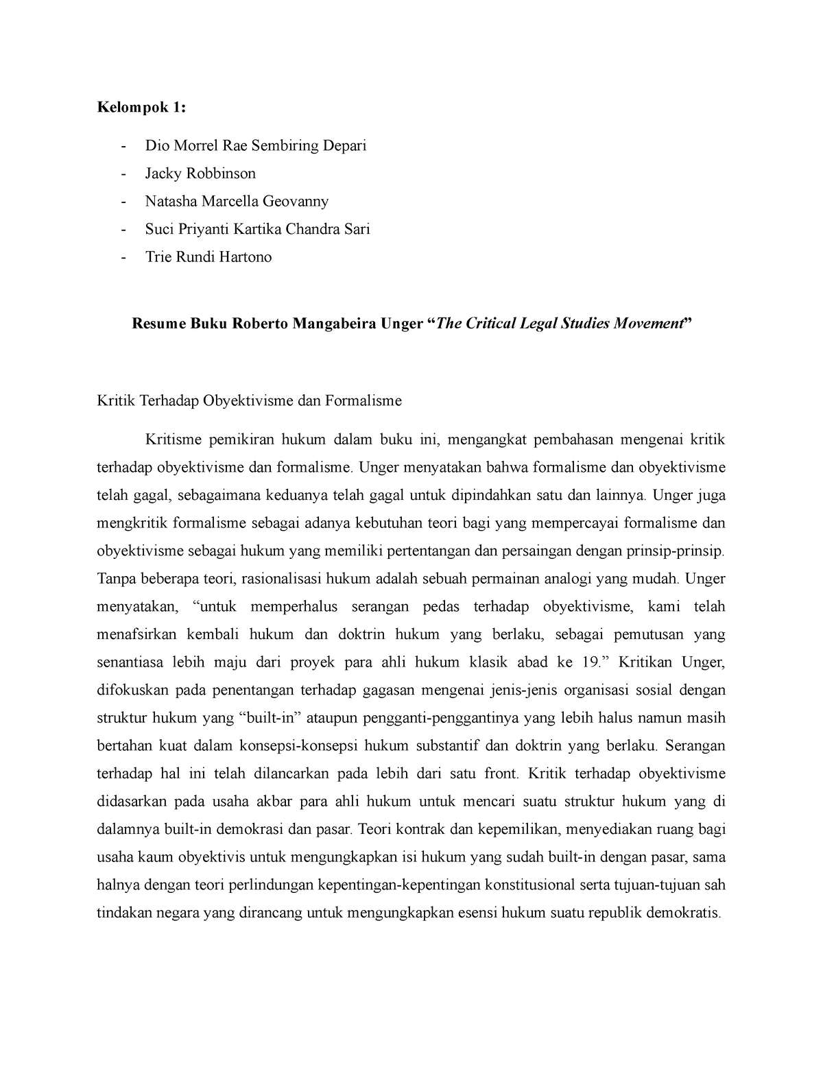 Resume Teori Hukum Kelompok 1 (Roberto Mangabeira The Critical Legal ...