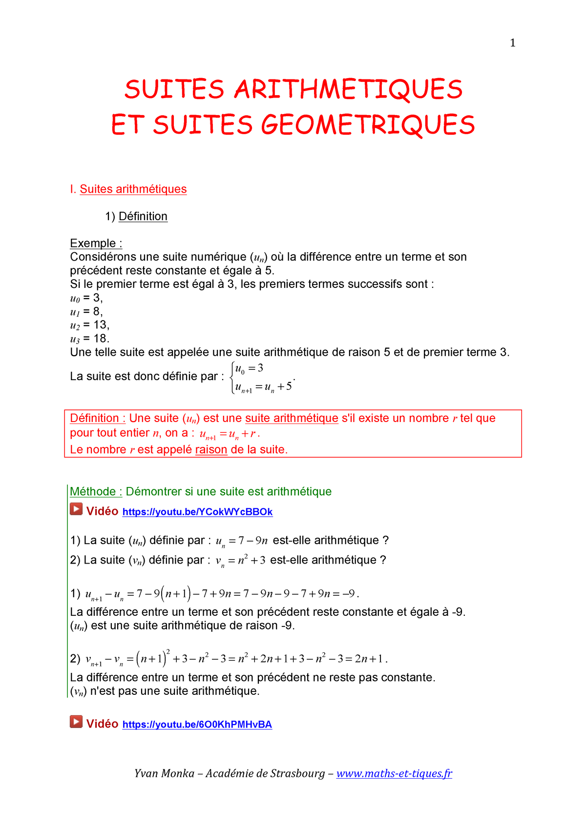 Suites AG - SUITES ARITHMETIQUES ET SUITES GEOMETRIQUES I. Suites ...