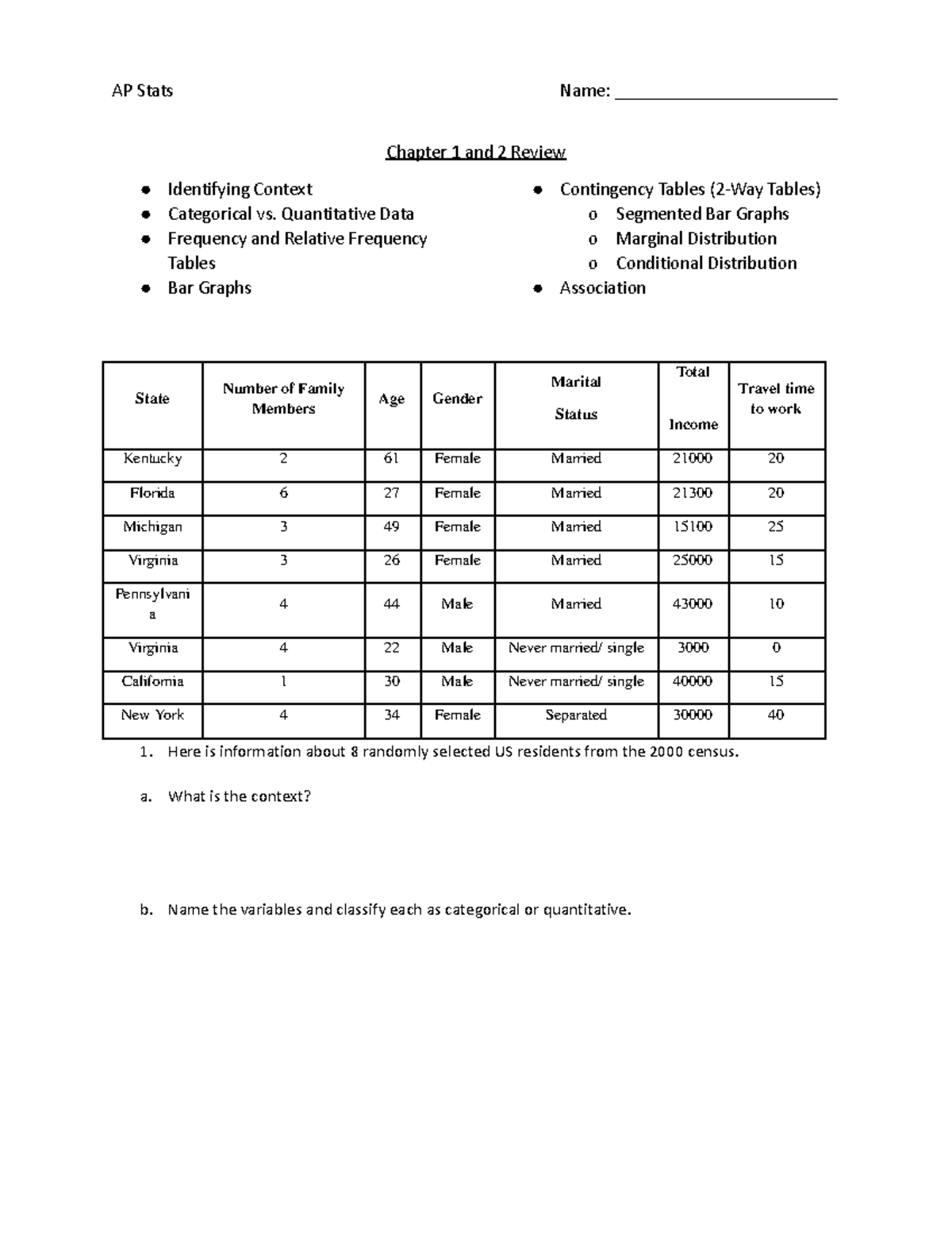 AP Stats Chapter 1 And 2 Quiz Review - AP Stats Name ...