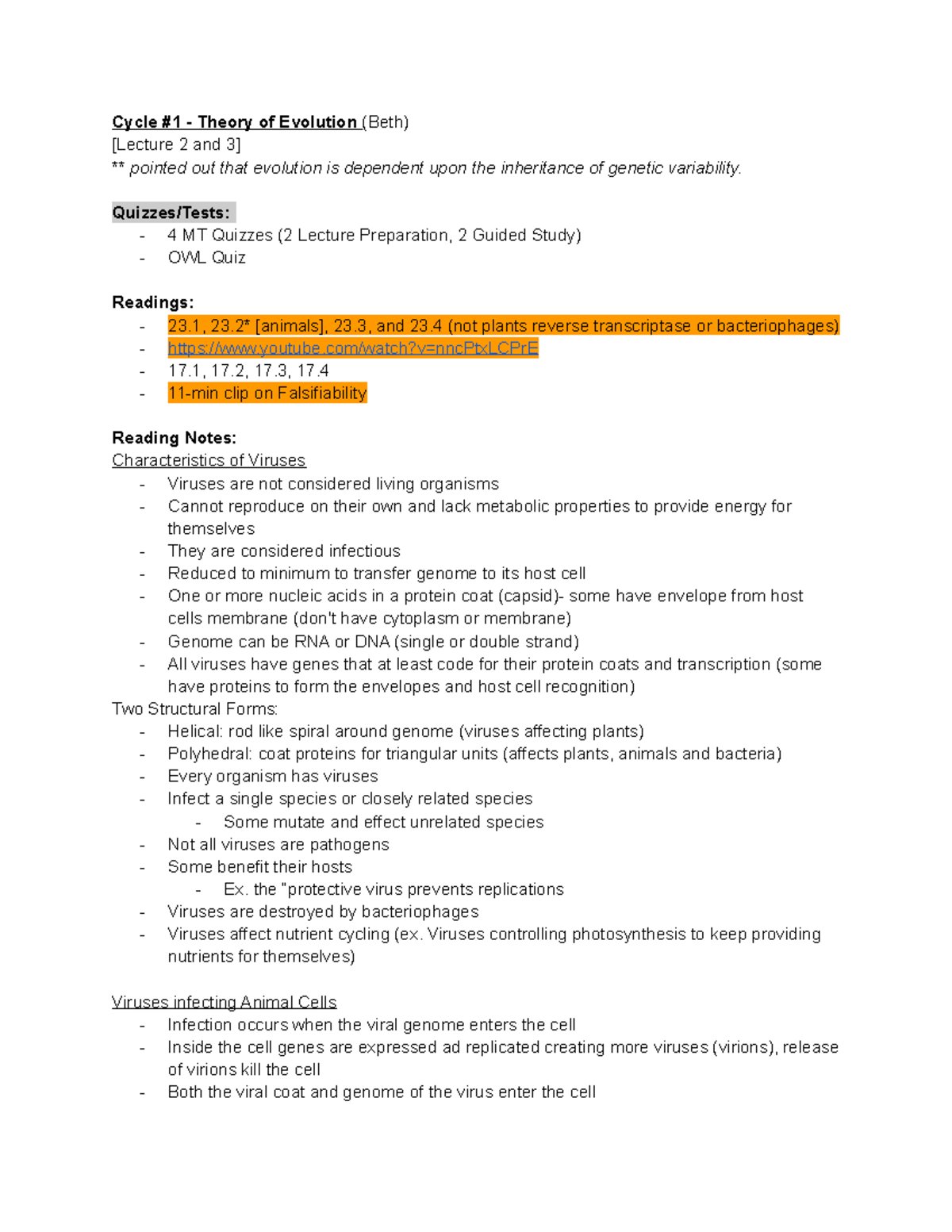 Cycle #1 - Thoery of Evolution learning outcomes - Cycle #1 - Theory of ...