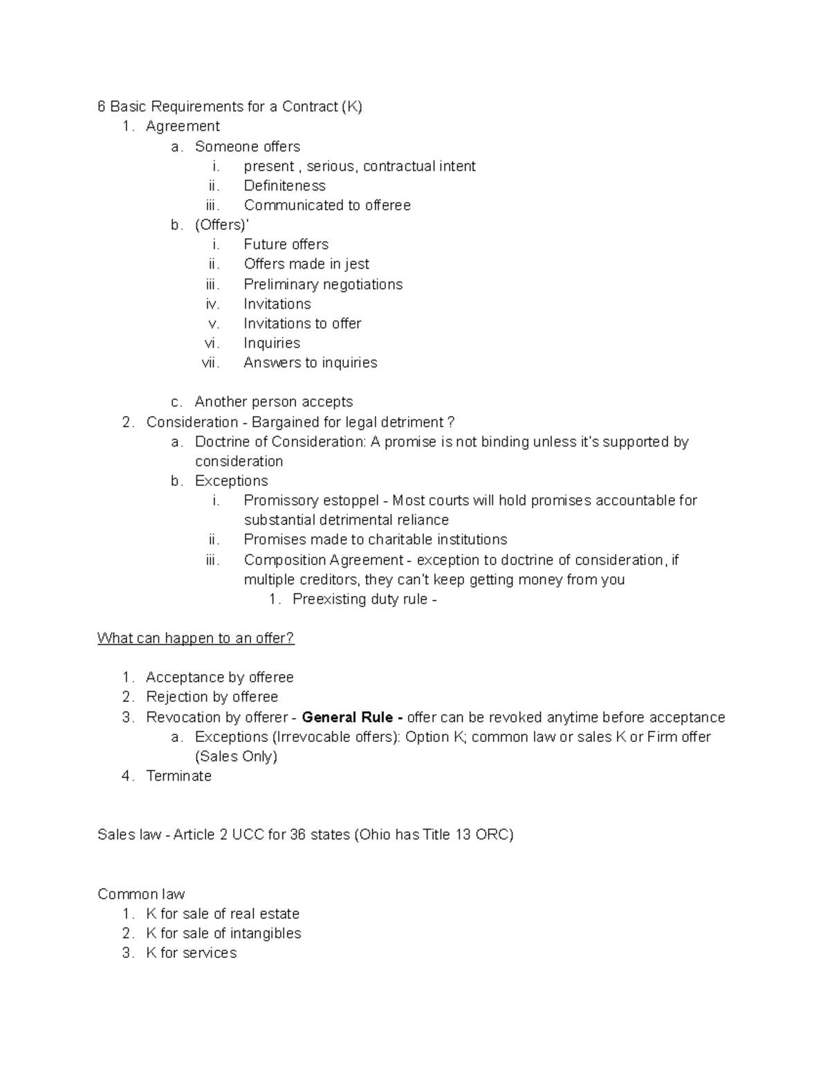 Bls Exam #3 Notes -contract Law Lectures - 6 Basic Requirements For A 