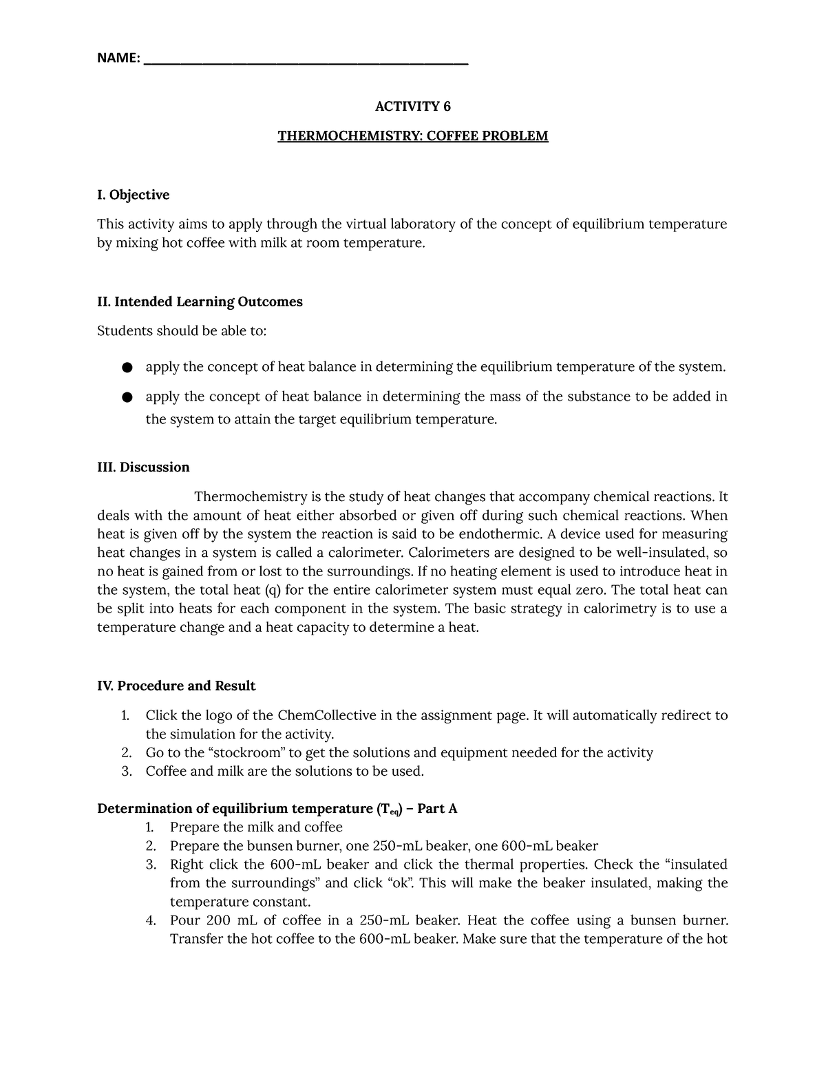 CHEM 001C Activity 6 - Thermochemistry (Coffee Problem) - ACTIVITY 6 ...