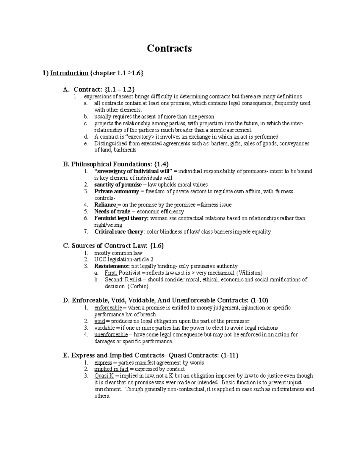 Contracts Law Outline - 1 - Contracts 1 ) Introduction {chapter 1 >1} A ...