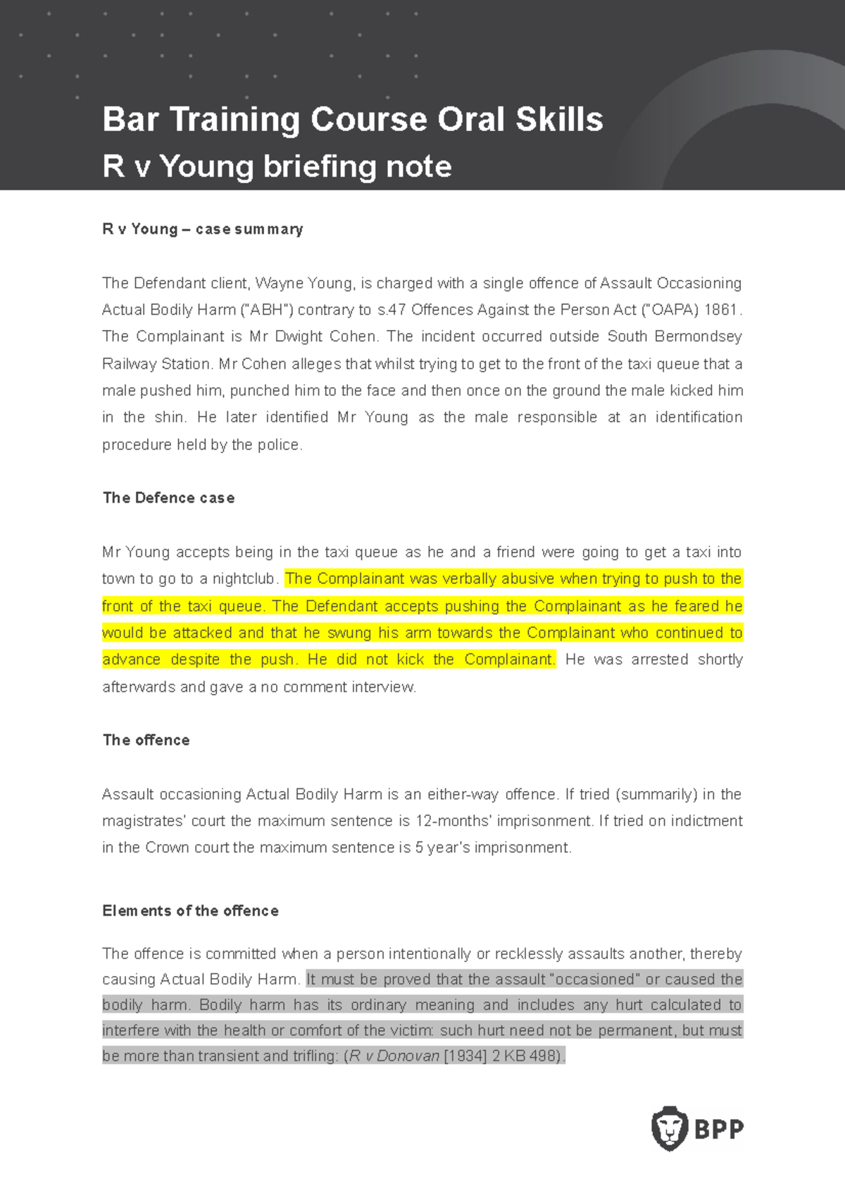 Legal briefing note Bar Training Course Oral Skills R v Young briefing note R v Young case