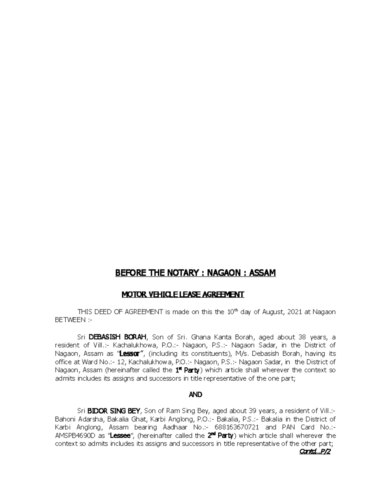 Vehicle Lease Agreement Dumper 3515 3rd BEFORE THE NOTARY NAGAON