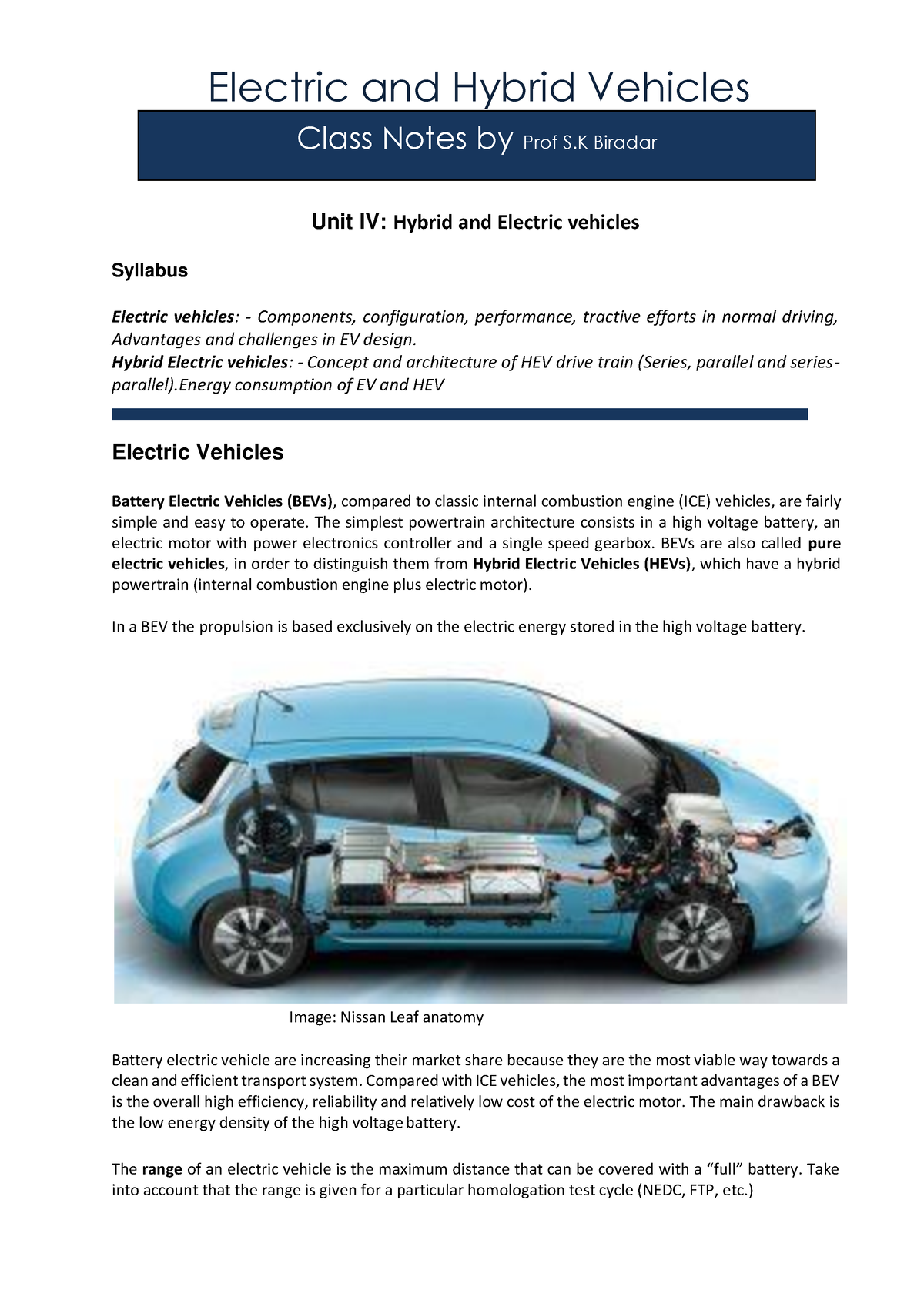 Hybrid And Electric Vehicles Unit Iv Notes Electric And