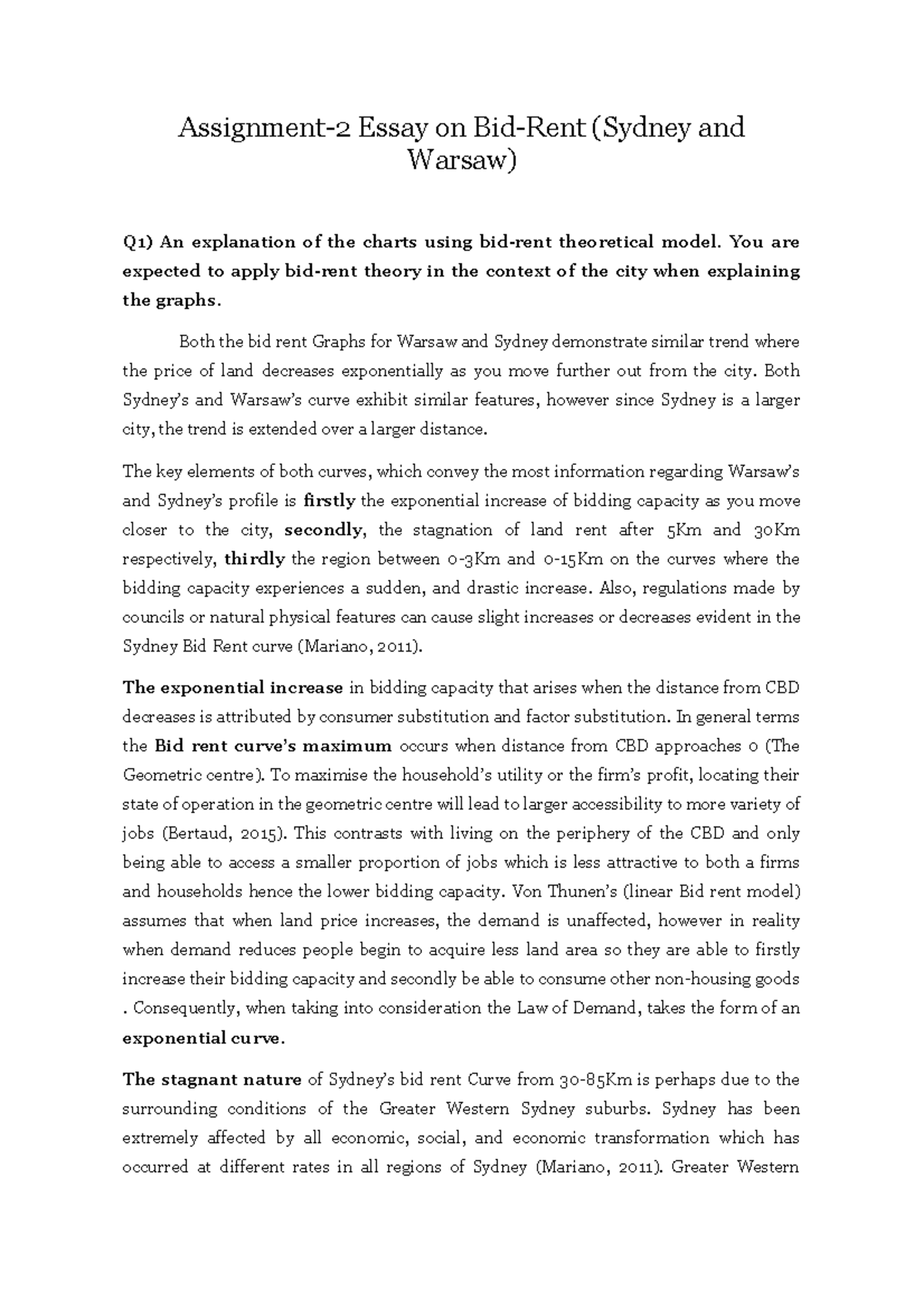 Assignment; Bid rent essay Assignment2 Essay on BidRent (Sydney and