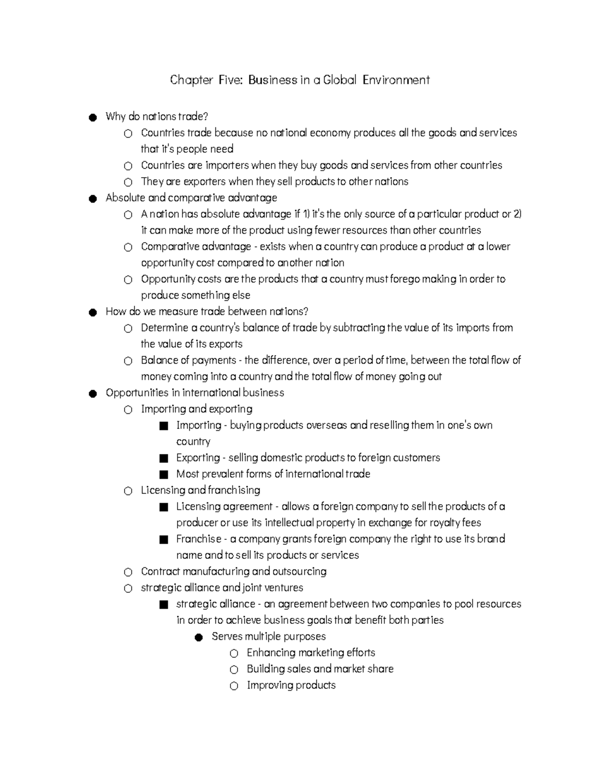 Chapter Five Business in a Global Environment - benefits that occur ...