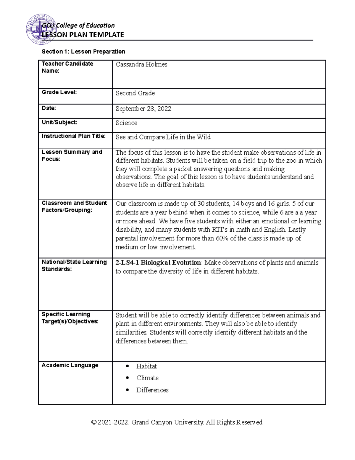 Cassandra Holmes Science Lesson Plam - Lesson Plan Template Section 1 