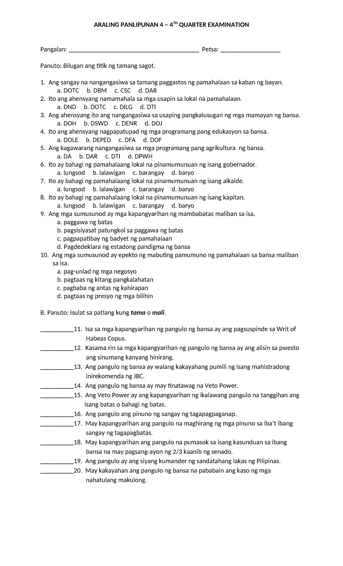 AP 4 - 4TH Quarter EXAM. - ARALING PANLIPUNAN 4 – 4TH QUARTER ...