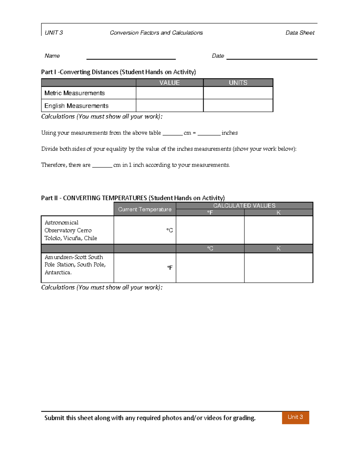 Unit 3 conversion factors and calculations data sheet - Submit this ...