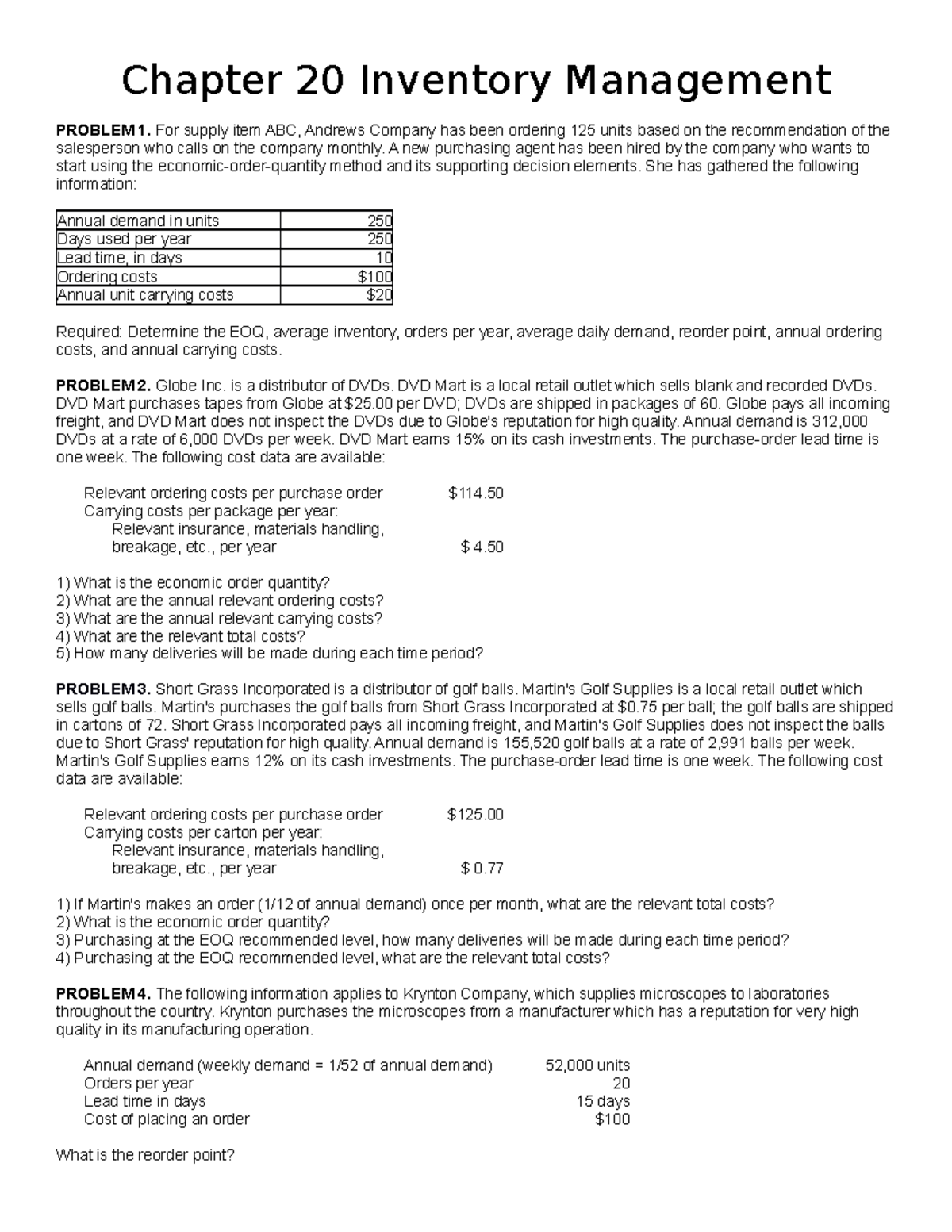 Chapter 20 Problems - Inventory Models - Chapter 20 Inventory ...