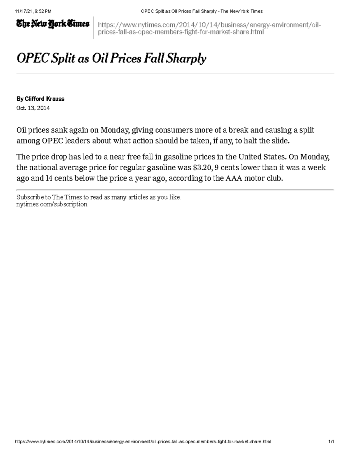 OPEC Split as Oil Prices Fall Sharply - The New York Times - html 1 ...