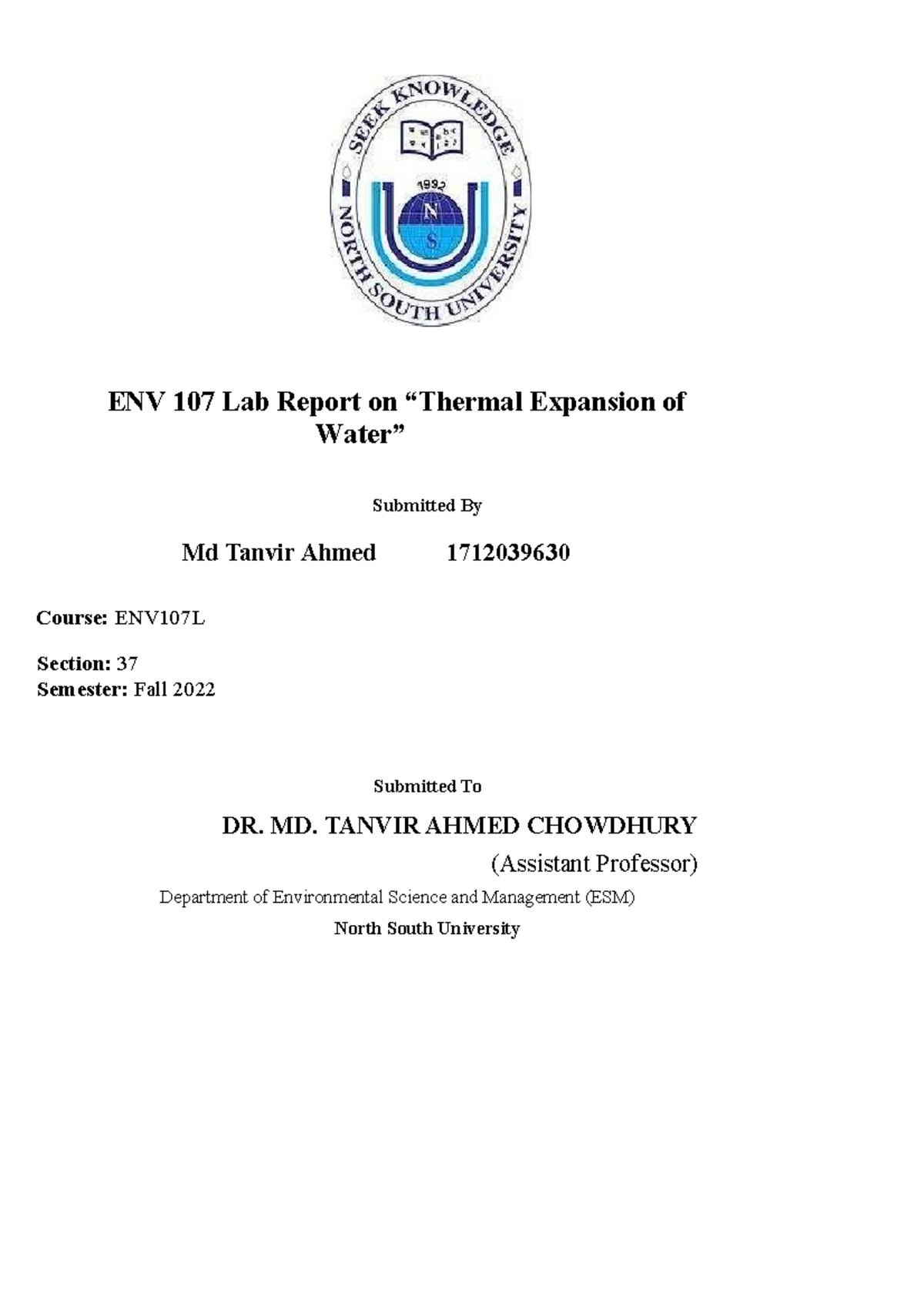 ENV 107 Lab Report On Soil - ENV 107 Lab Report On “Thermal Expansion ...