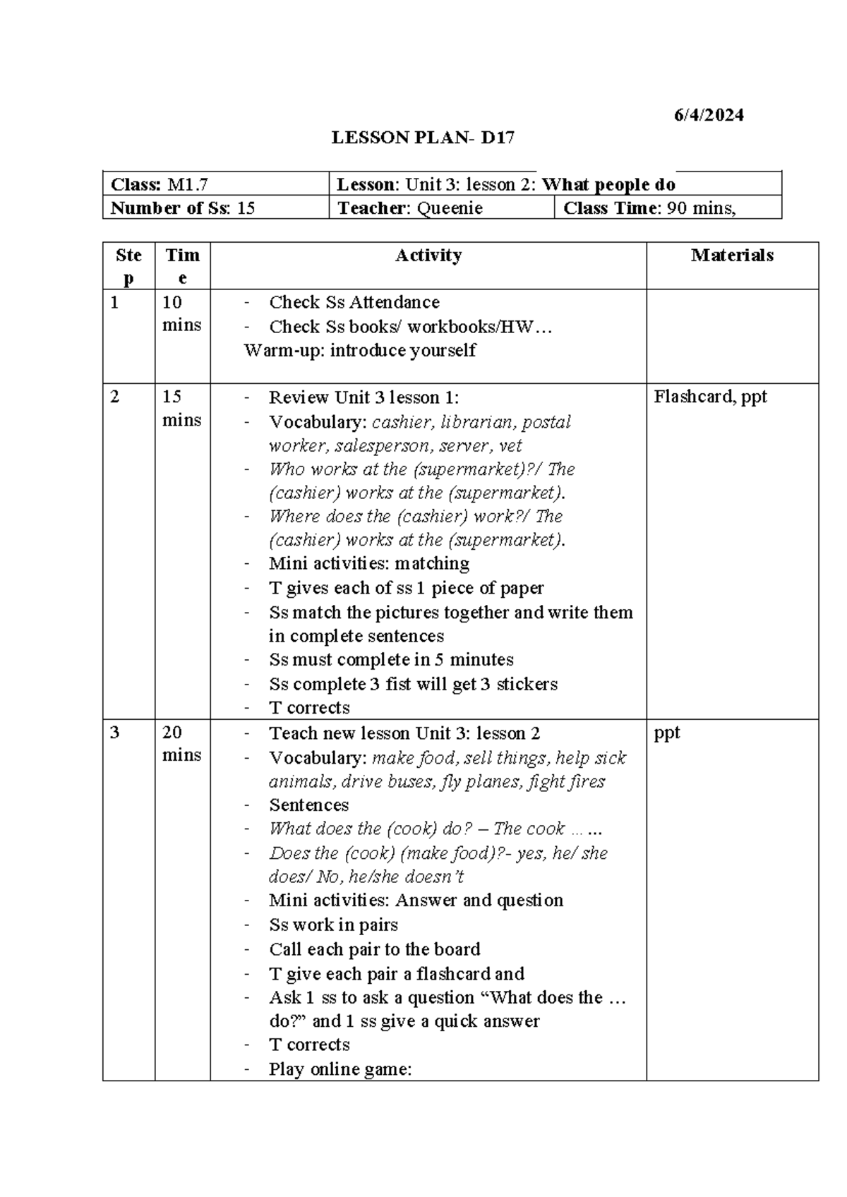 M7 B17 Lesson Plan 6 4 Lesson Plan D Class M1 Lesson Unit 3