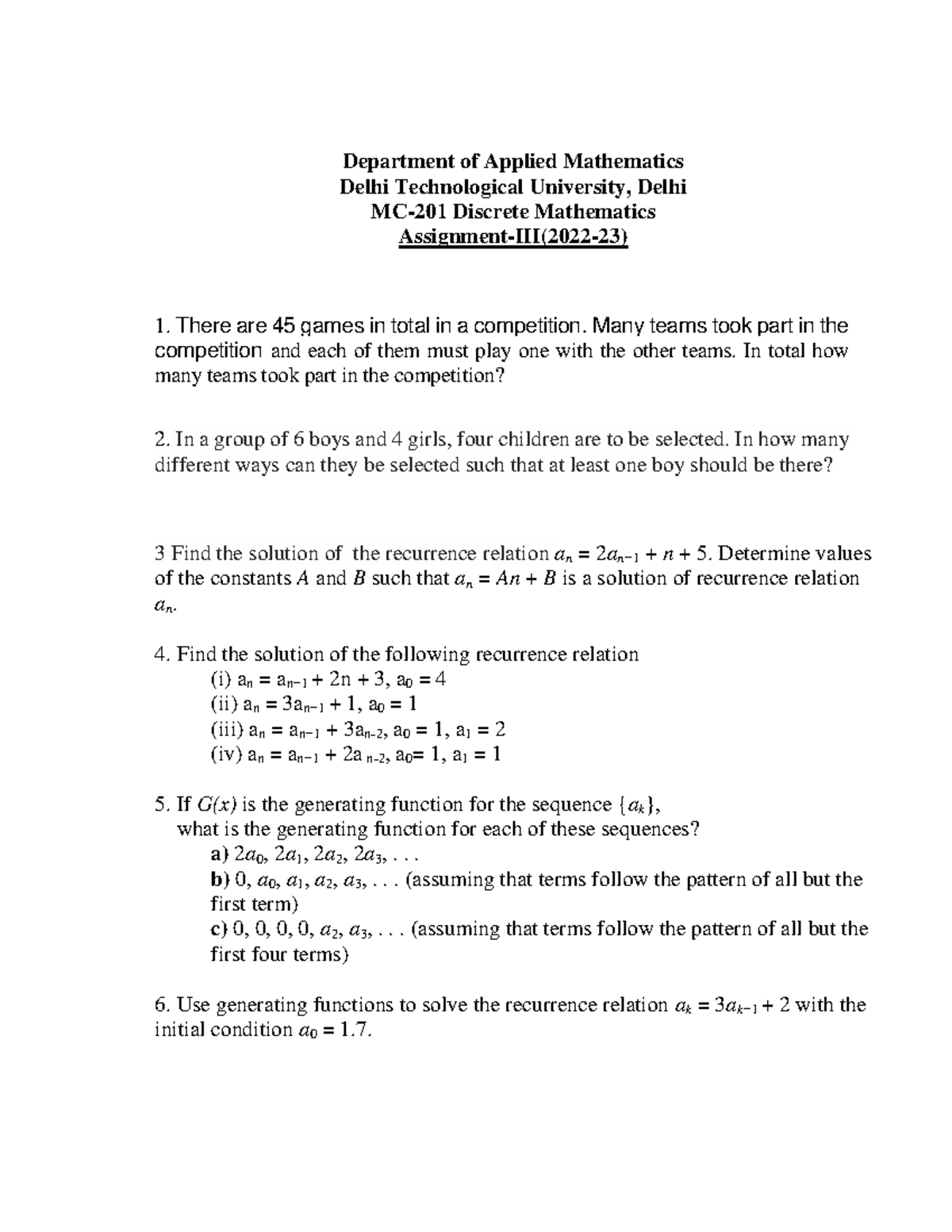 Mce ass 3 Second semester (MCE), Discrete Mathematics mandatory and