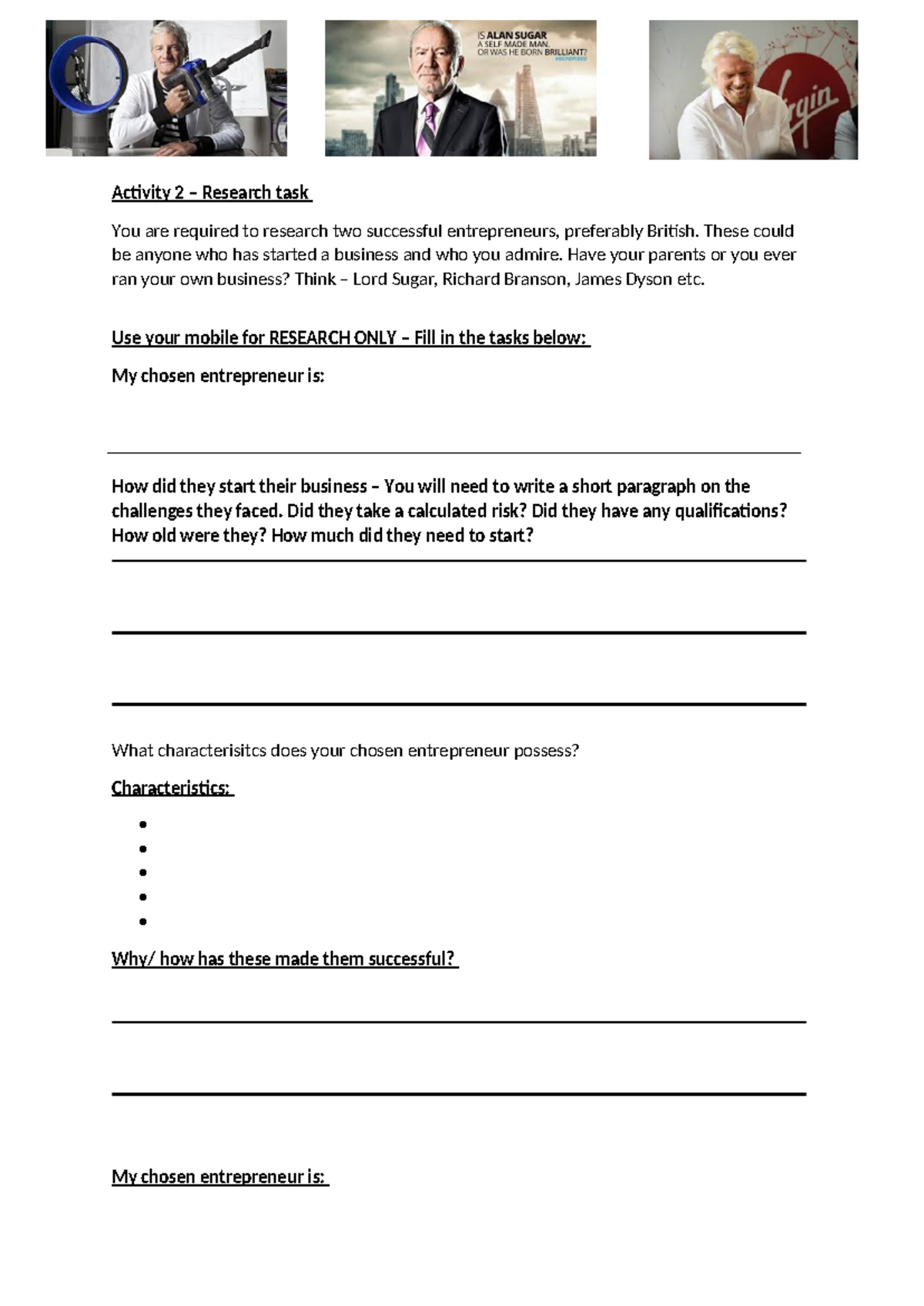 Activity 2 - Entrepreneurs - Research - Activity 2 – Research task You ...