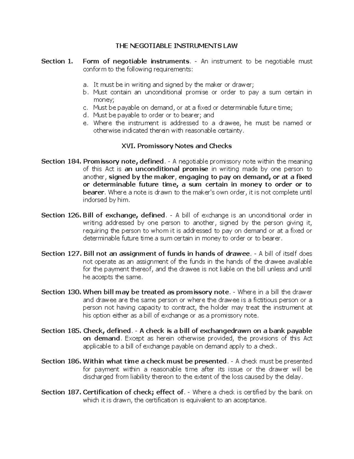 Negotiable Instruments PDF THE NEGOTIABLE INSTRUMENTS LAW Section 1 