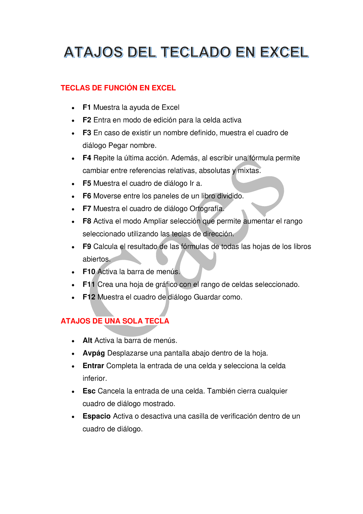 Atajos DEL Teclado EN Excel - TECLAS DE FUNCIÓN EN EXCEL F1 Muestra La ...