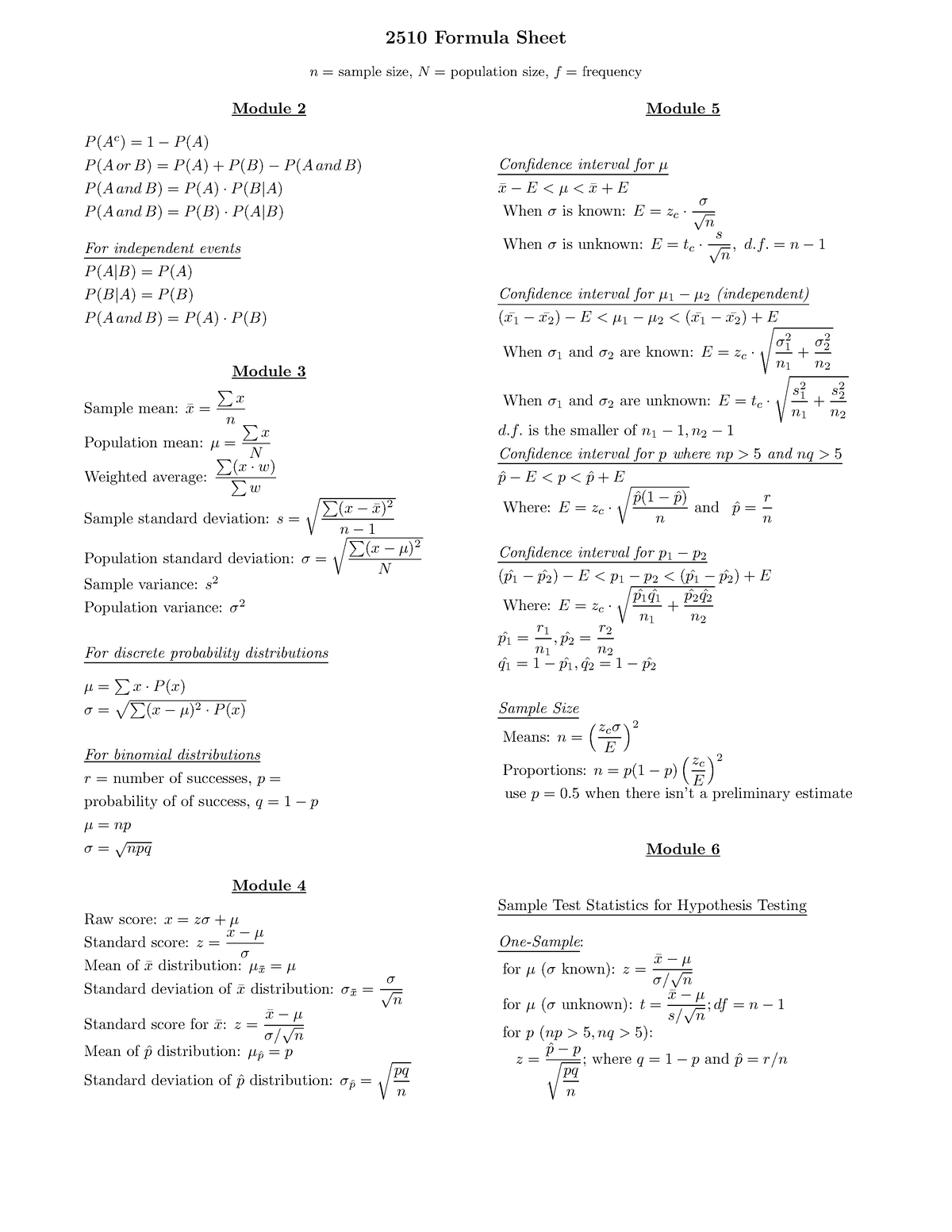 2510Formula Sheet For Final - 2510 Formula Sheet n= sample size,N ...