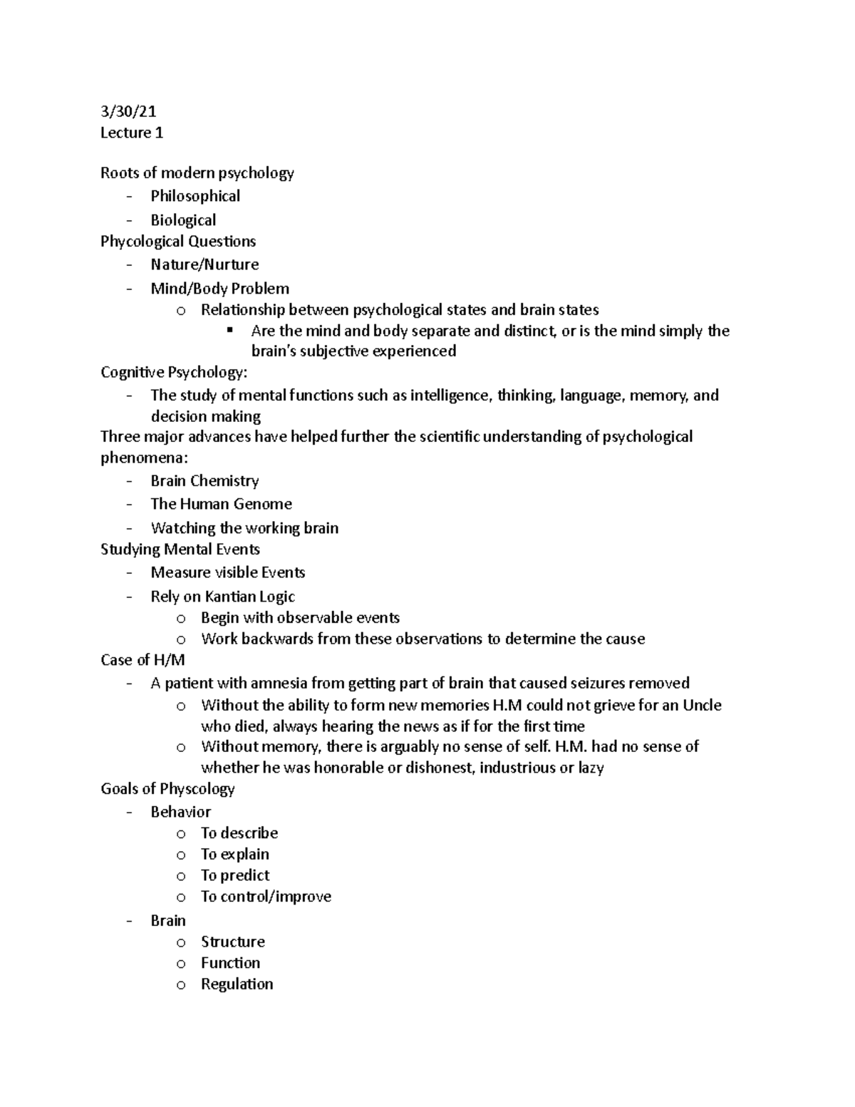 PSY 201 Lecture Notes - 3/30/ Lecture 1 Roots of modern psychology ...