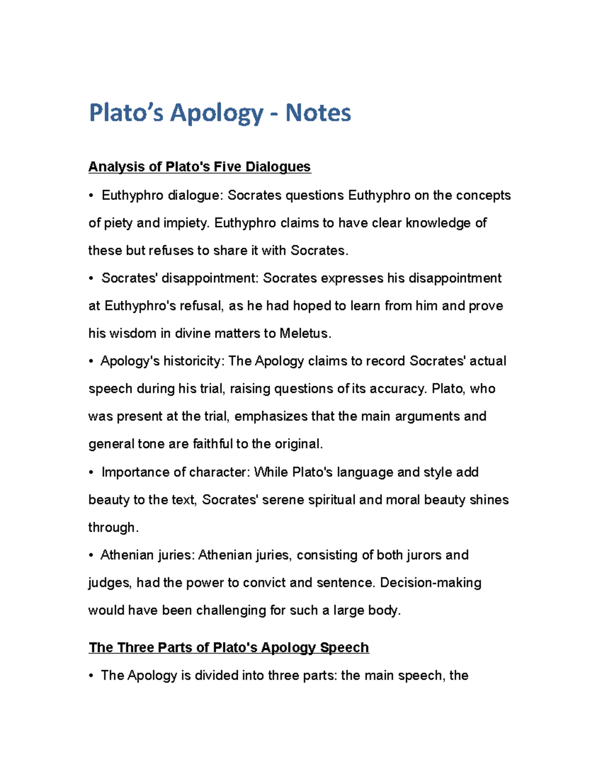 Plato's Apology - Notes - Plato’s Apology - Notes Analysis Of Plato's ...