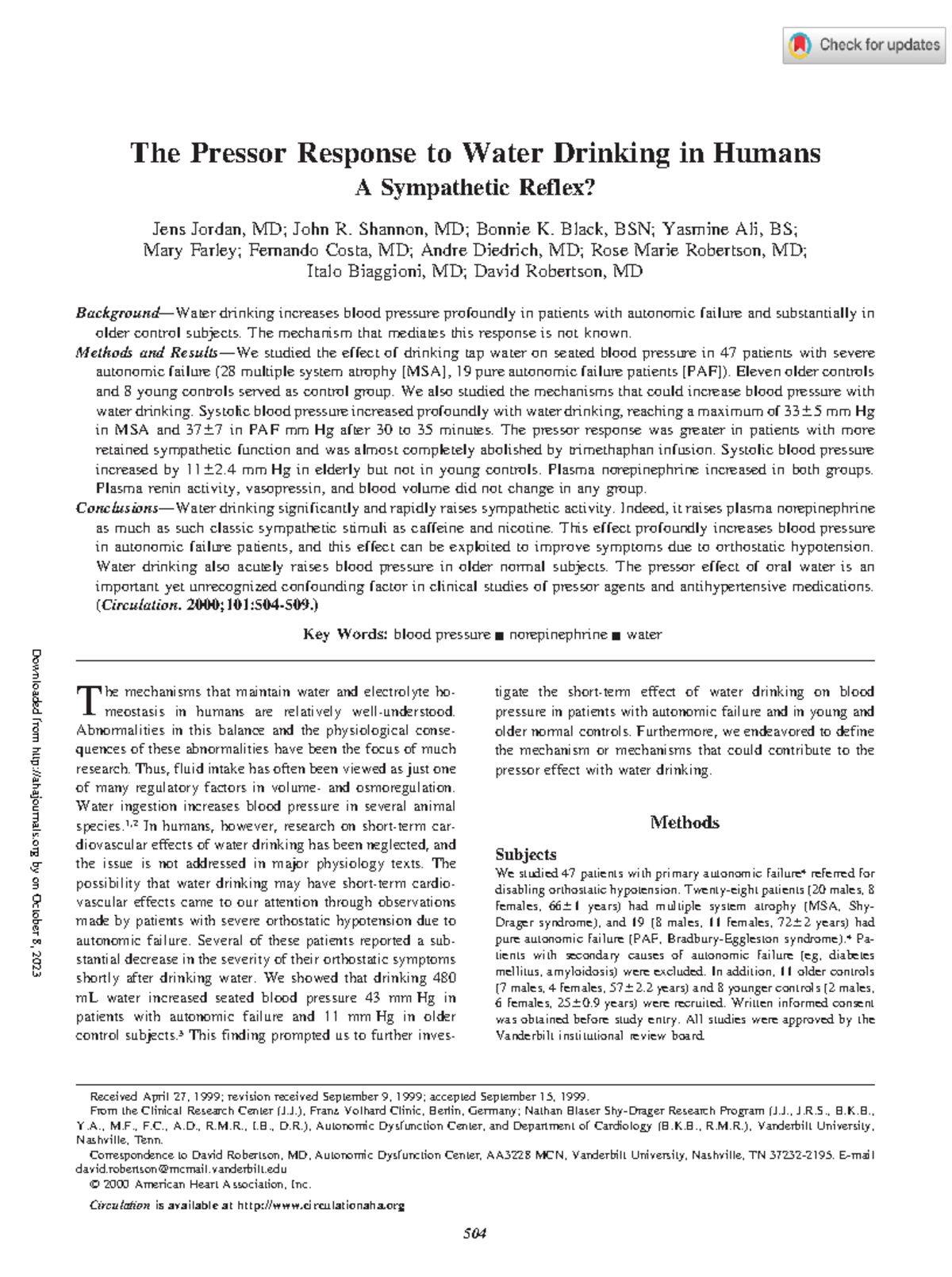 Jordan et al 2000 the pressor response to water drinking in humans
