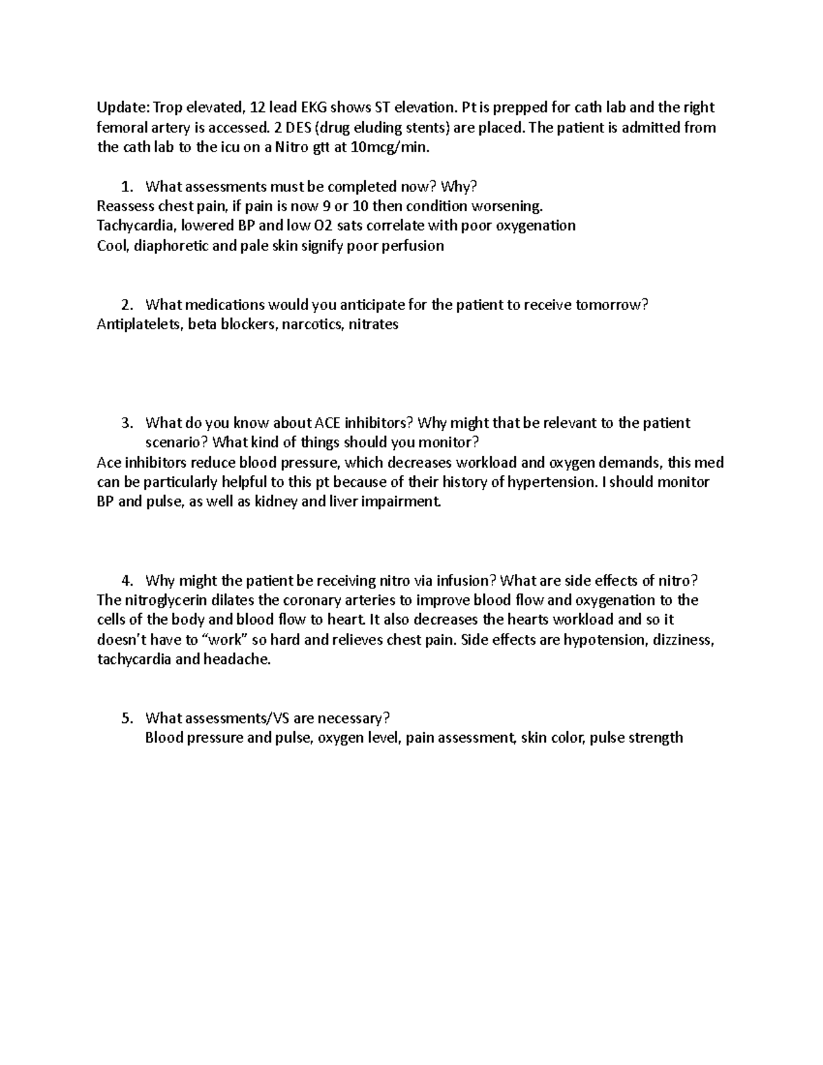 Nur216 cardiac Cath case study - Update: Trop elevated, 12 lead EKG ...