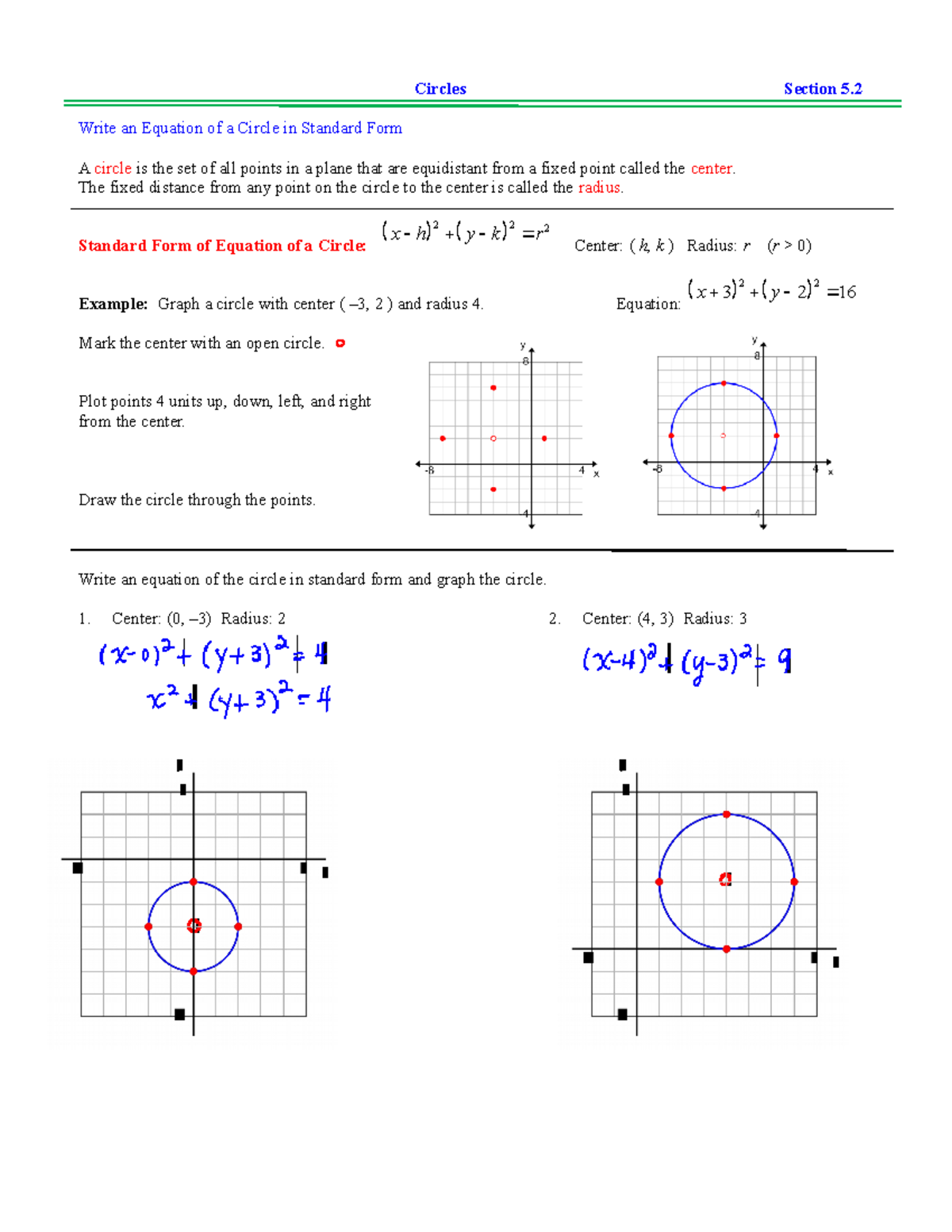 CACS LEC 5.2 Solutions - Sloutions to section 5.2 - Circles Section 5 ...