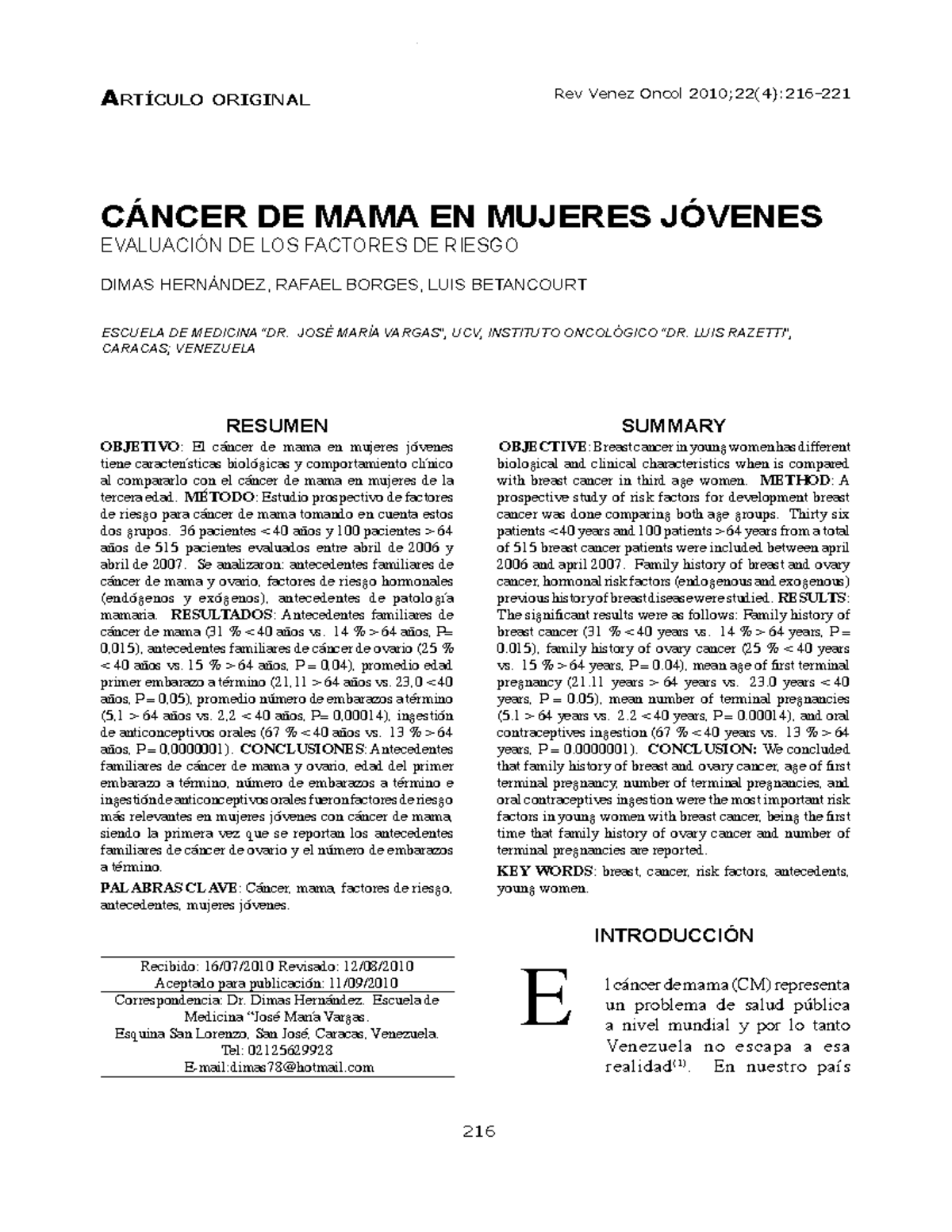 Cancer de mama en mujeres jovenes (1) - Vol. 22, Nº 4, diciembre 2010 ...
