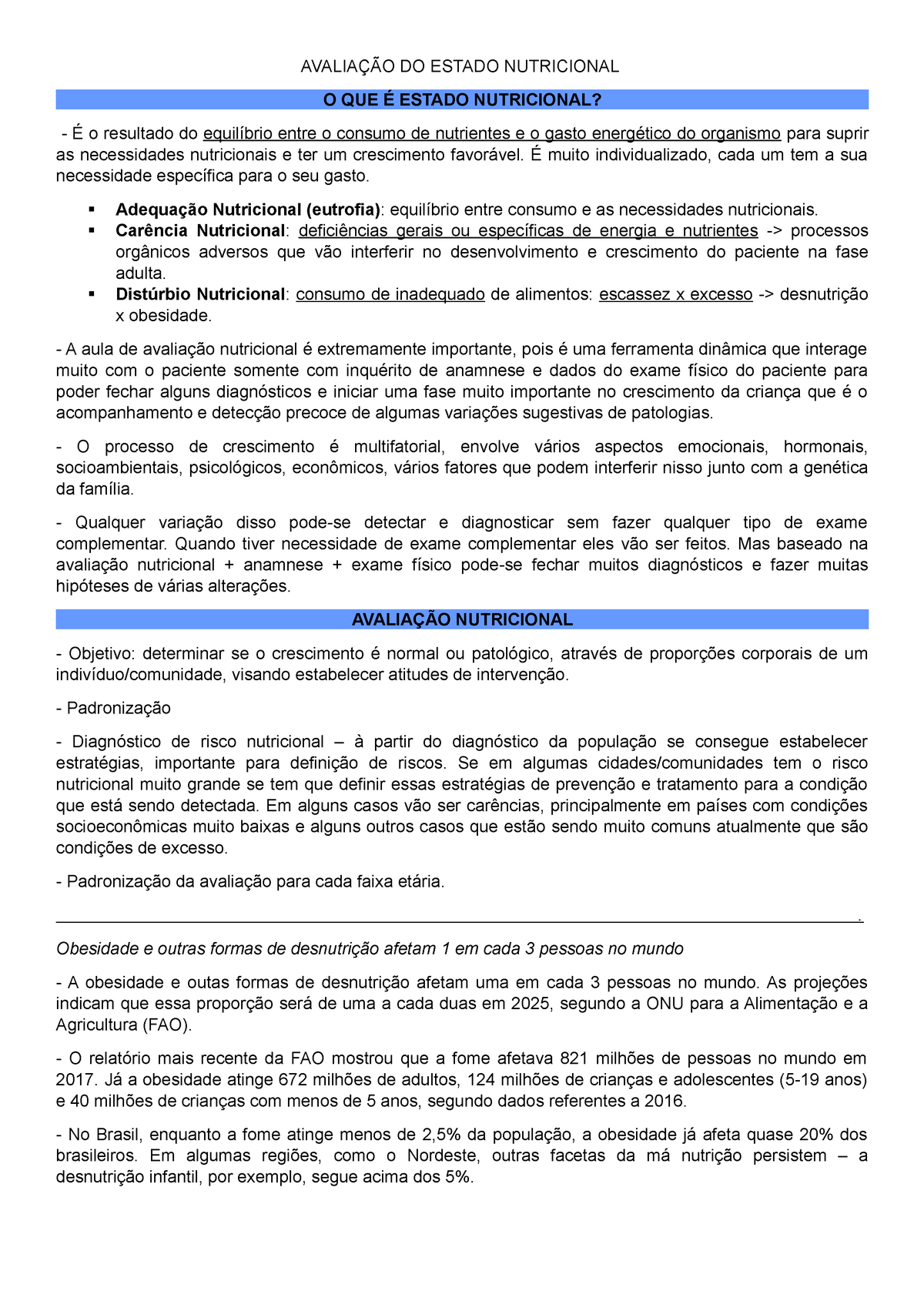 Anamnese Funcional nutricional - Avaliação Nutricional I