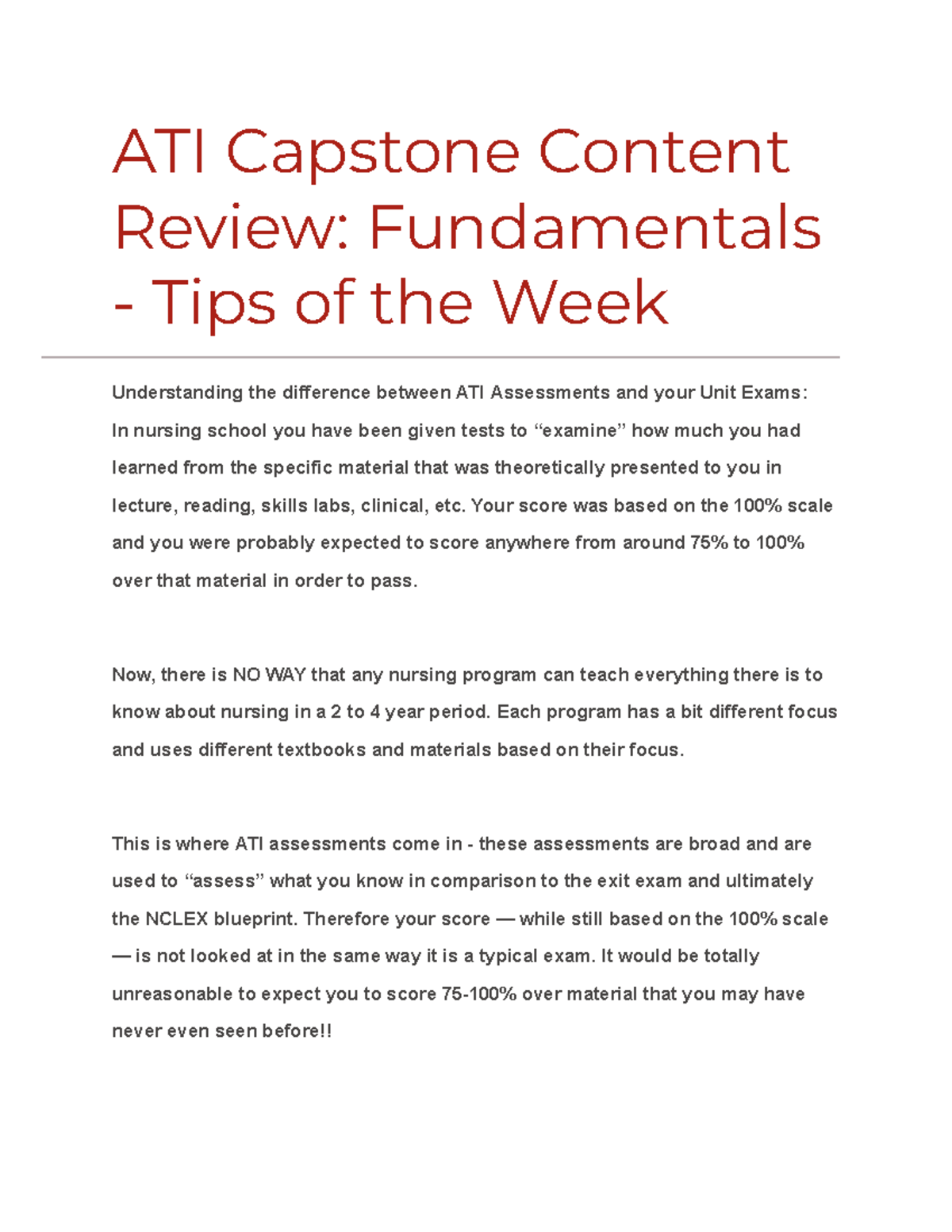 ATI Capstone Weekly Tips ATI Capstone Content Review Fundamentals