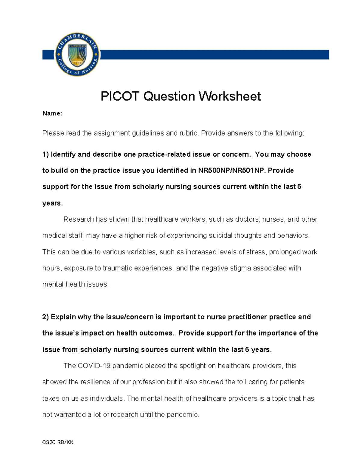 NR505NP Picot Question Worksheet 051220 - PICOT Question Worksheet Name ...