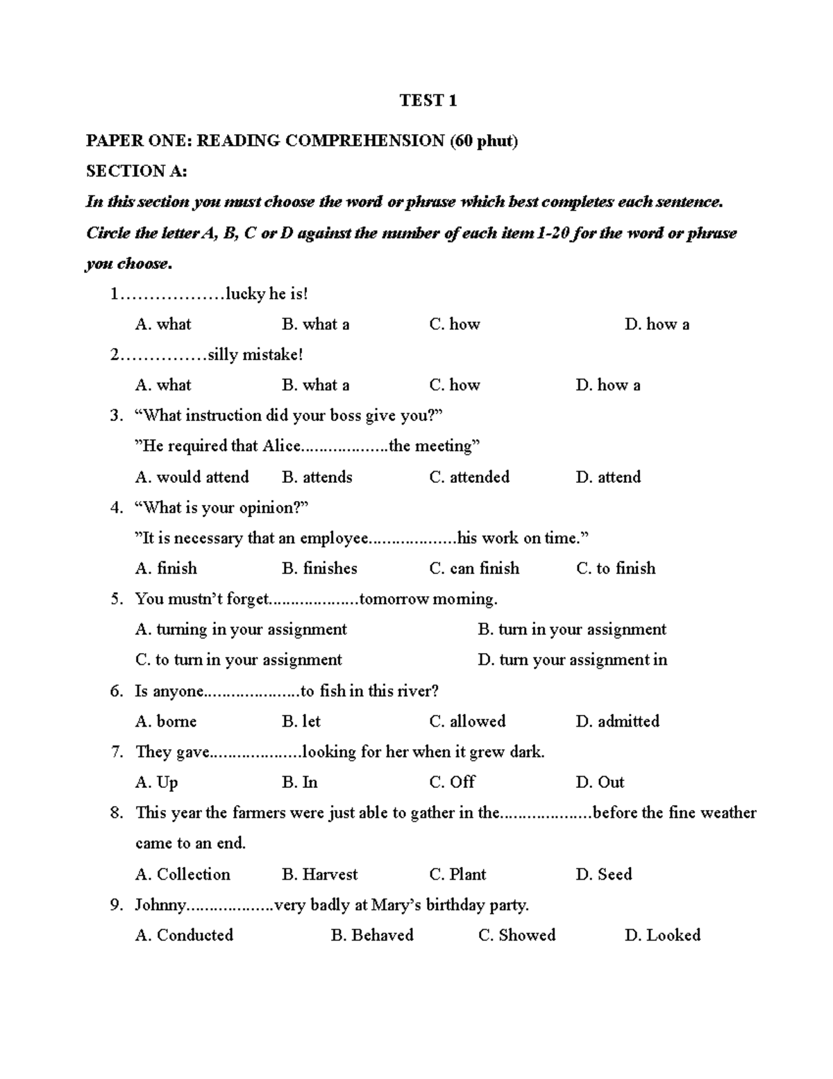 Bo de on thi cong chuc mon tieng anh - TEST 1 PAPER ONE: READING ...