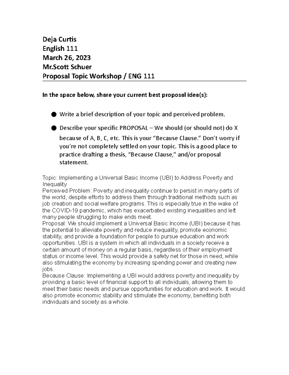 ENG Proposal Topic Workshop - Deja Curtis English 111 March 26, 2023 Mr ...