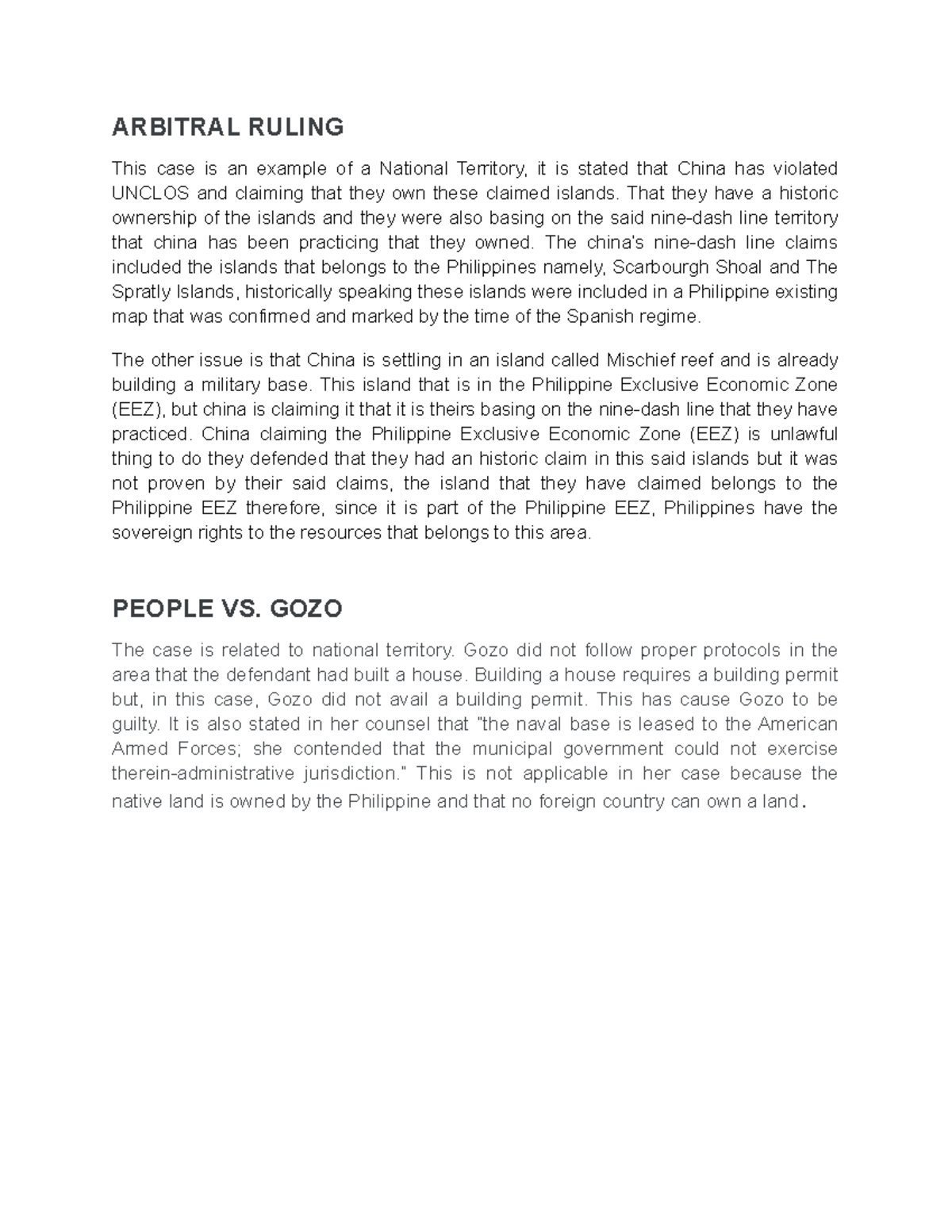 National Territory Cases Activity - ARBITRAL RULING This case is an ...