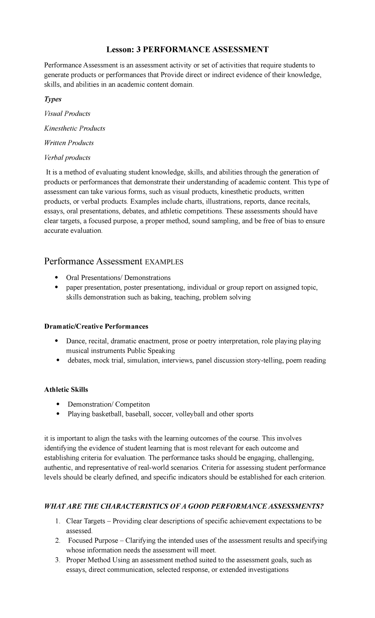 Lesson 3 - Assessment 1 - Lesson: 3 PERFORMANCE ASSESSMENT Performance ...