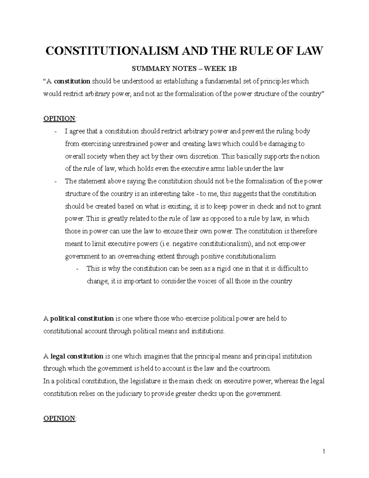 LAWS1141 Final EXAM Summary Notes - CONSTITUTIONALISM AND THE RULE OF ...