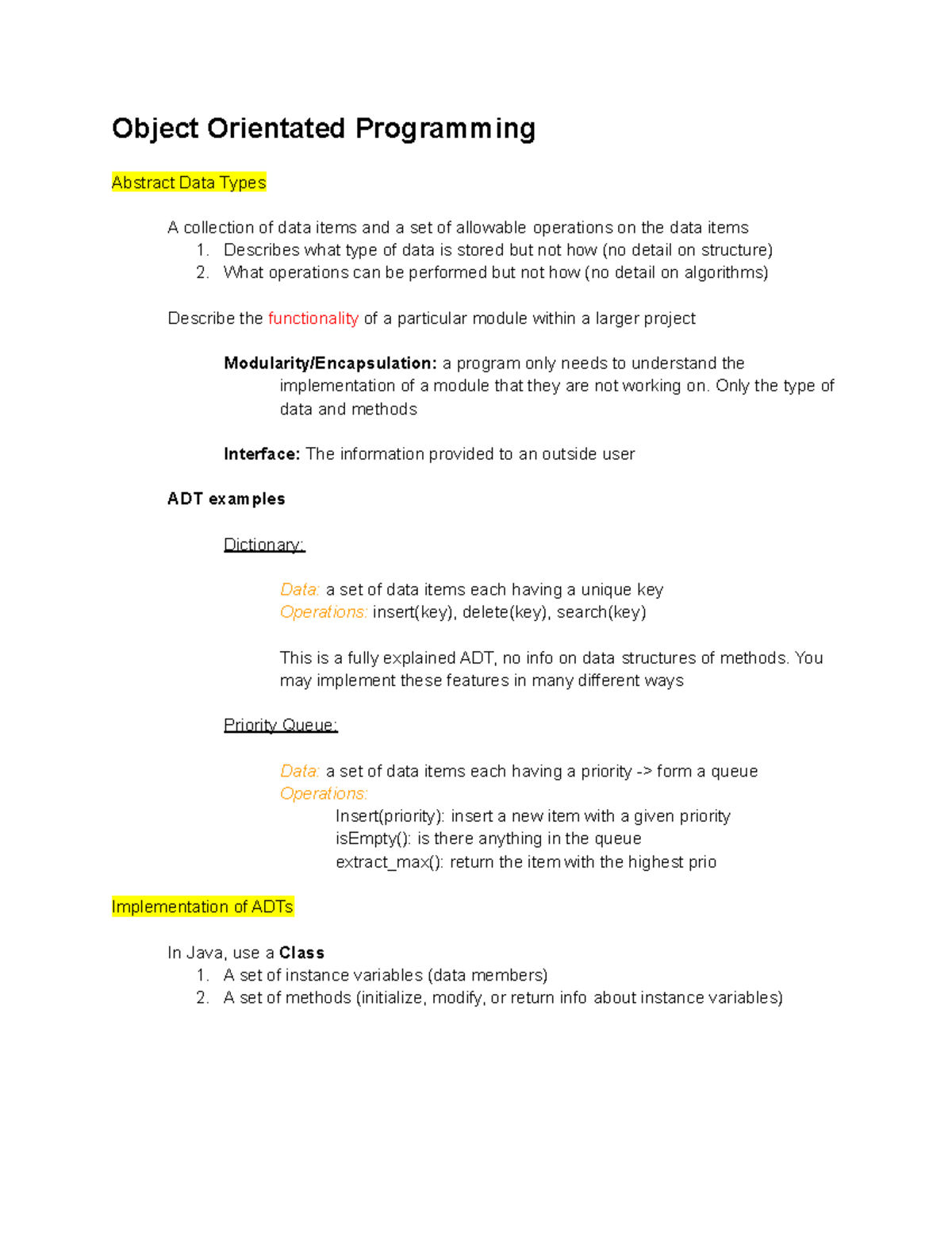 DATA AND ALGS - summary of data and algs - Object Orientated ...