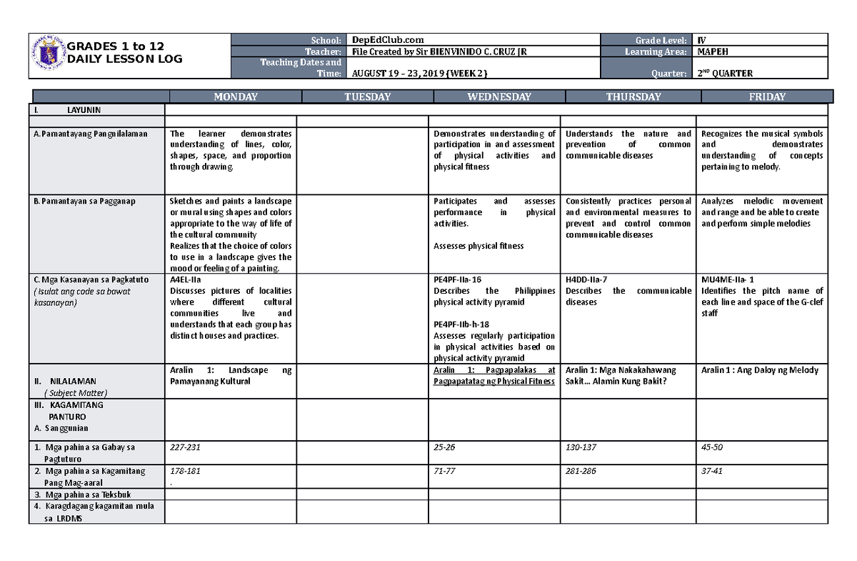 DLL Mapeh 4 Q2 W2 - DAILY LESSON LOG - GRADES 1 to 12 DAILY LESSON LOG ...