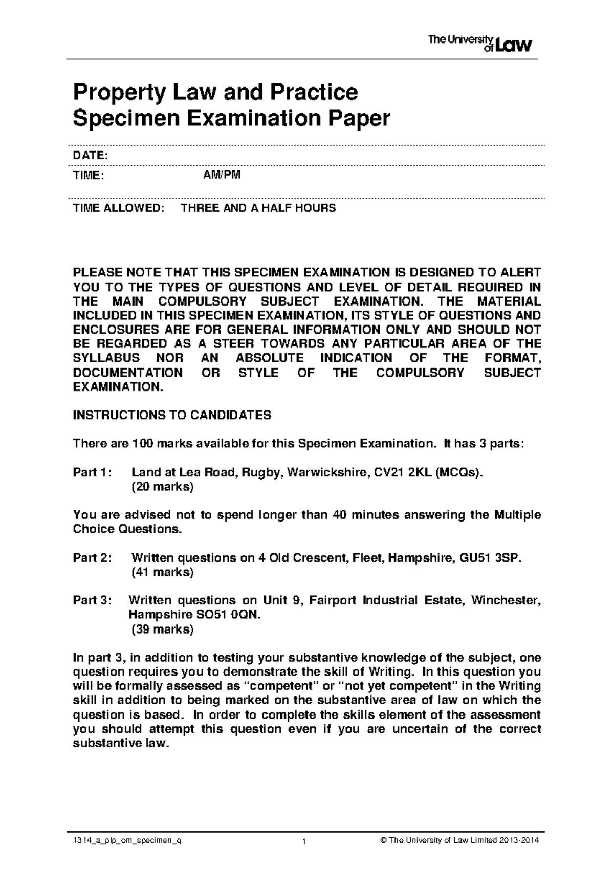 Specimen Question Practice materials 1314_a_plp_om_specimen_q © The