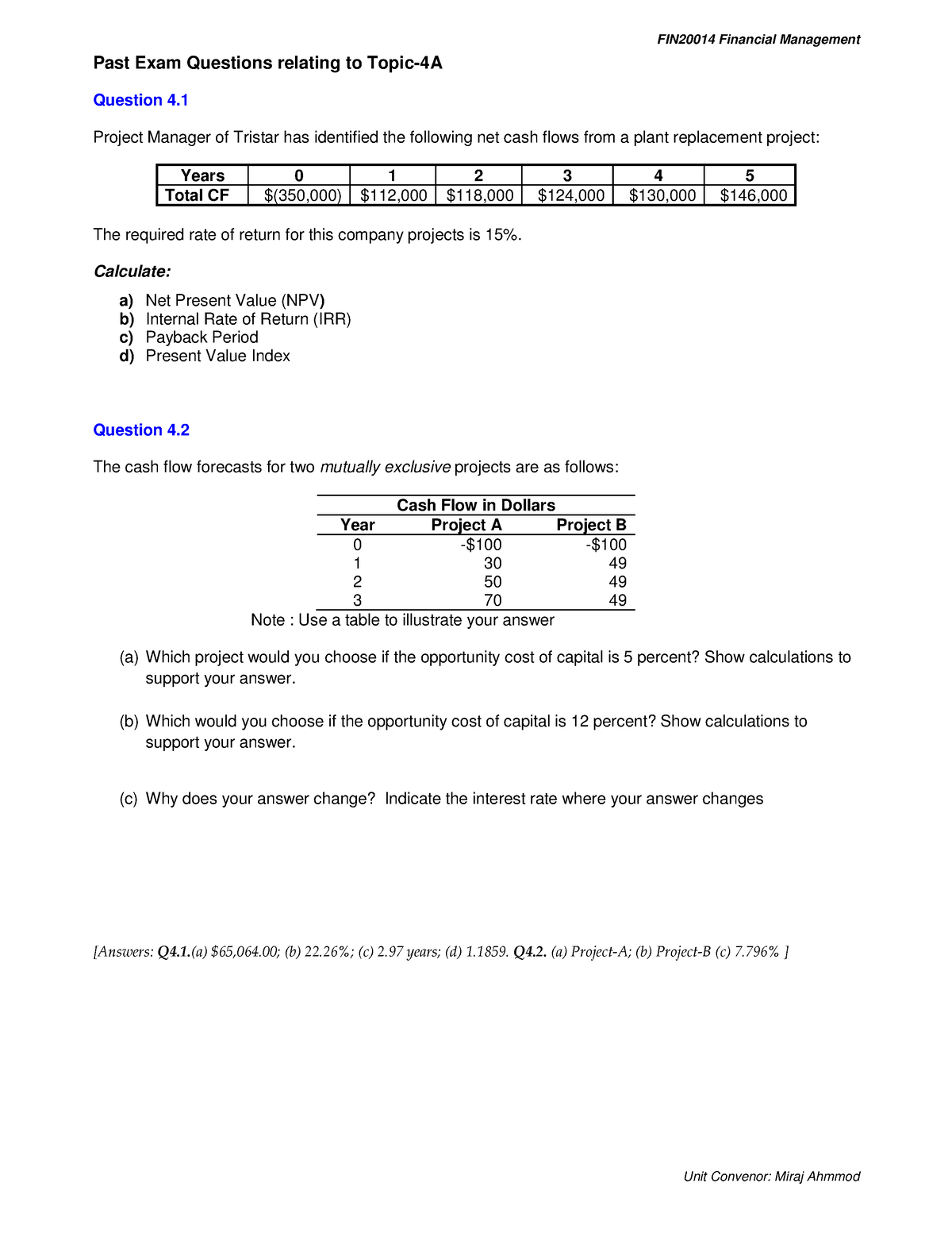 FIN20014 Topic 4A Questions N Solutions - FIN20014 Financial Management ...