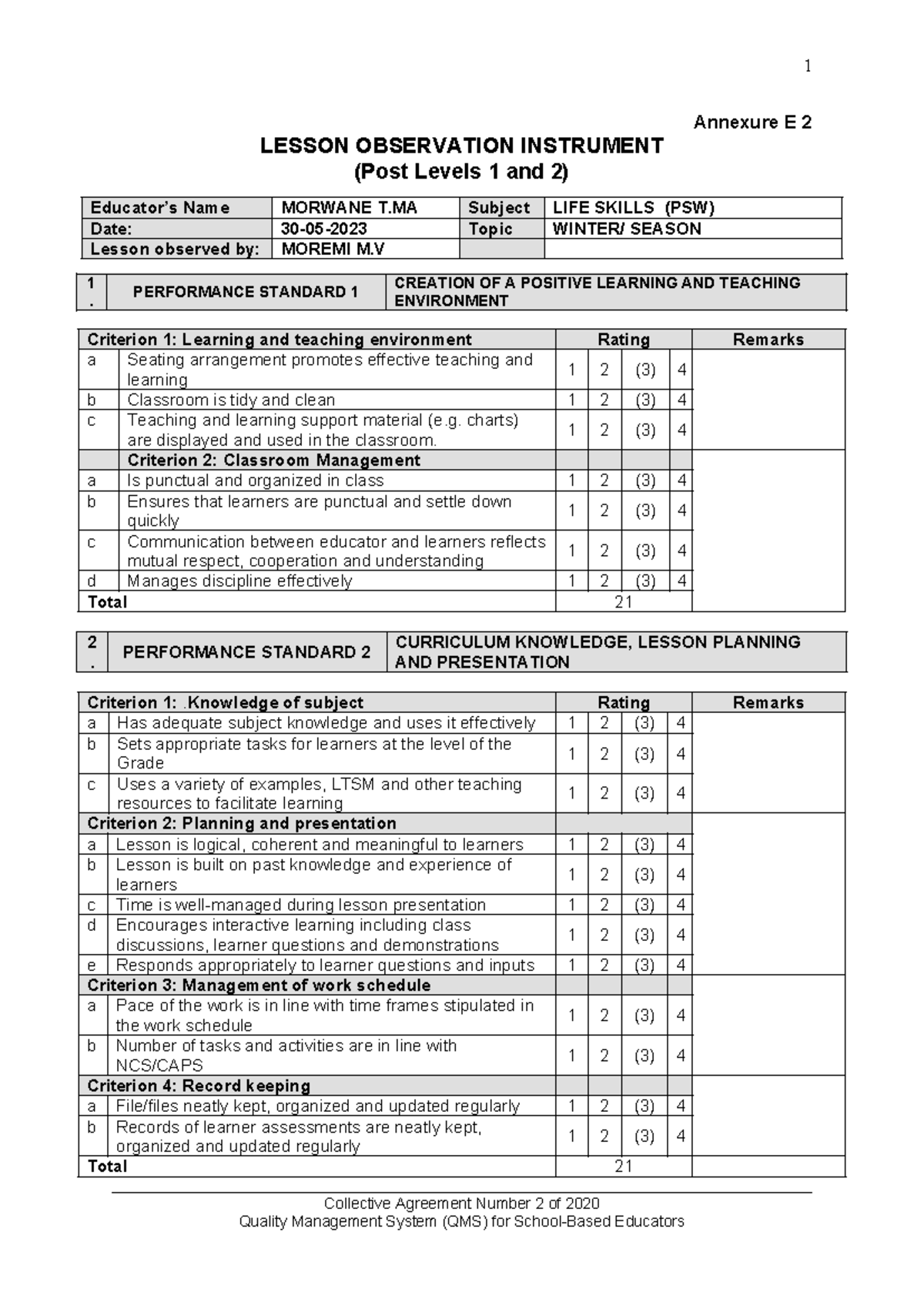 Annexure E2 Lesson Observation POST Level 1 AND 2 - 1 Annexure E 2 ...